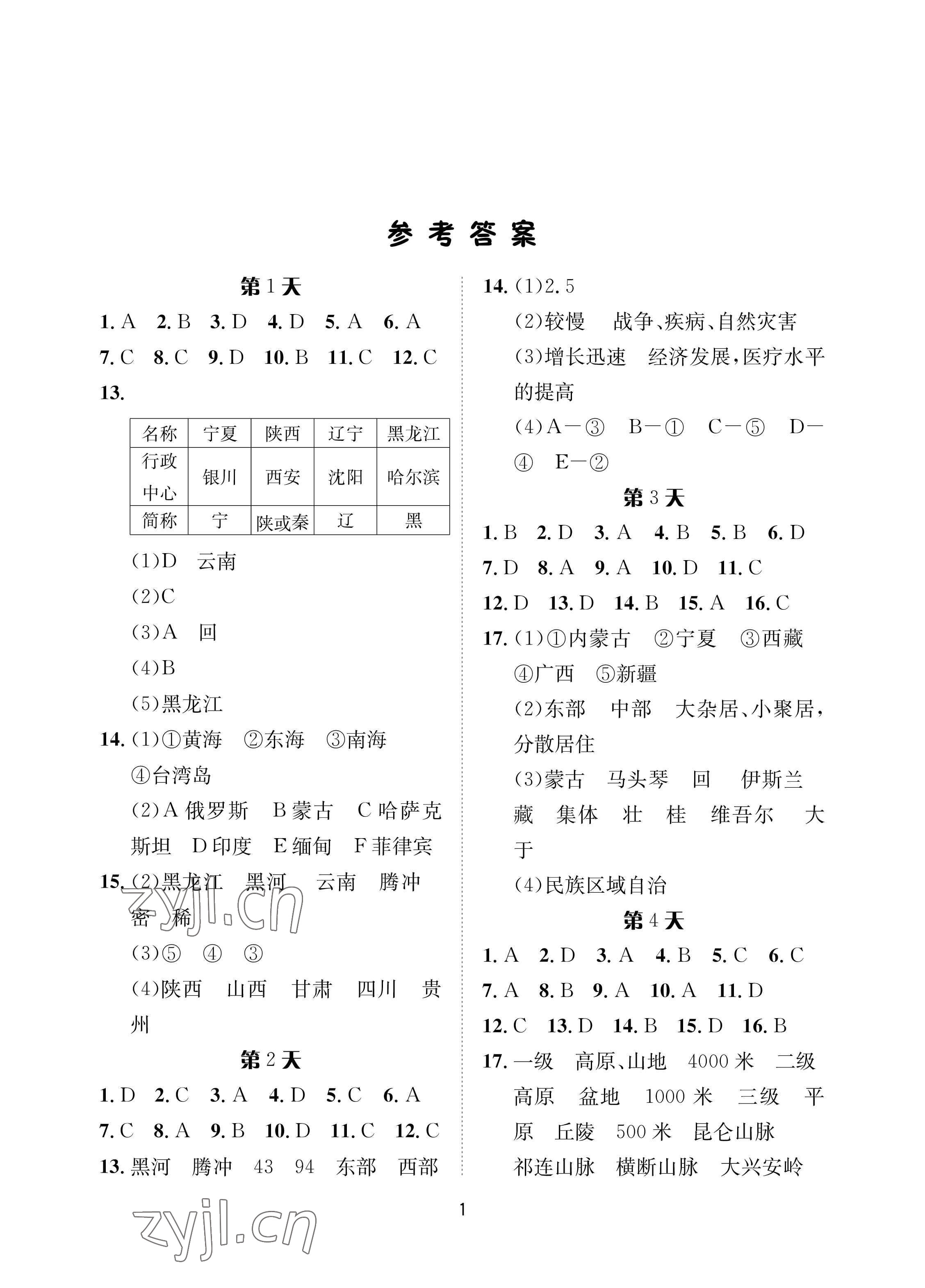 2023年寒假作业八年级地理人教版长江出版社 第1页