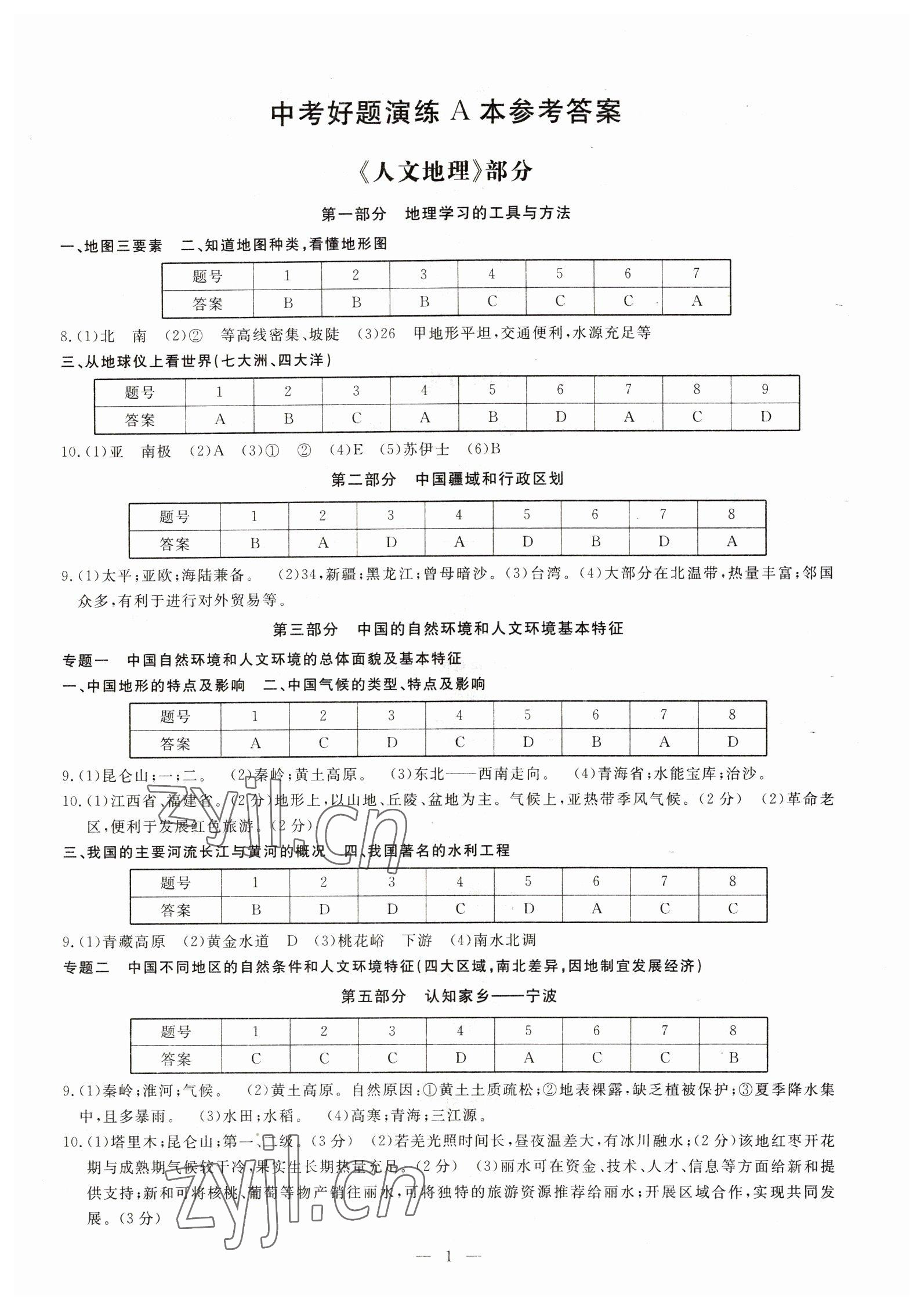 2023年知识点解读宁波专版 参考答案第1页