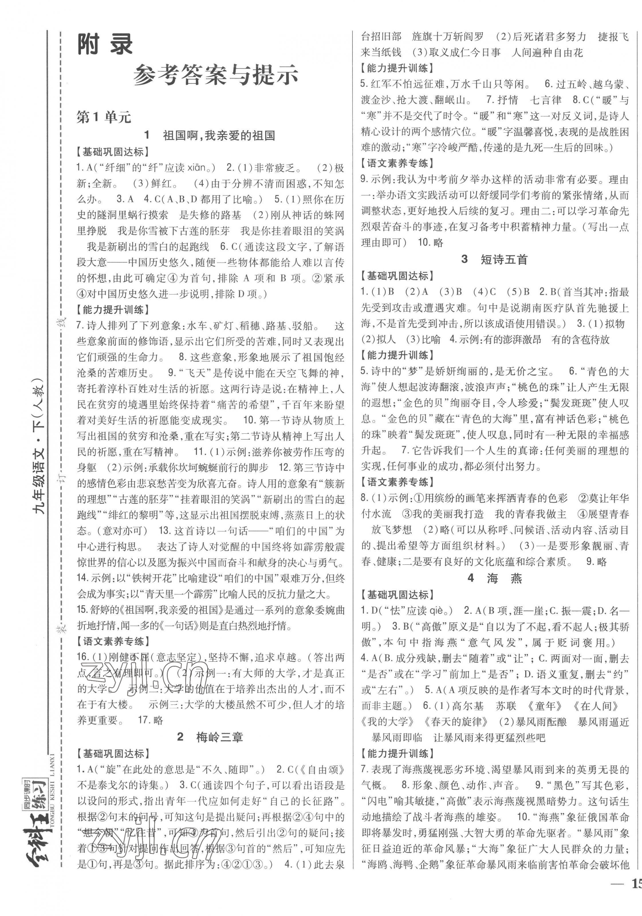 2023年全科王同步課時練習(xí)九年級語文下冊人教版 參考答案第1頁