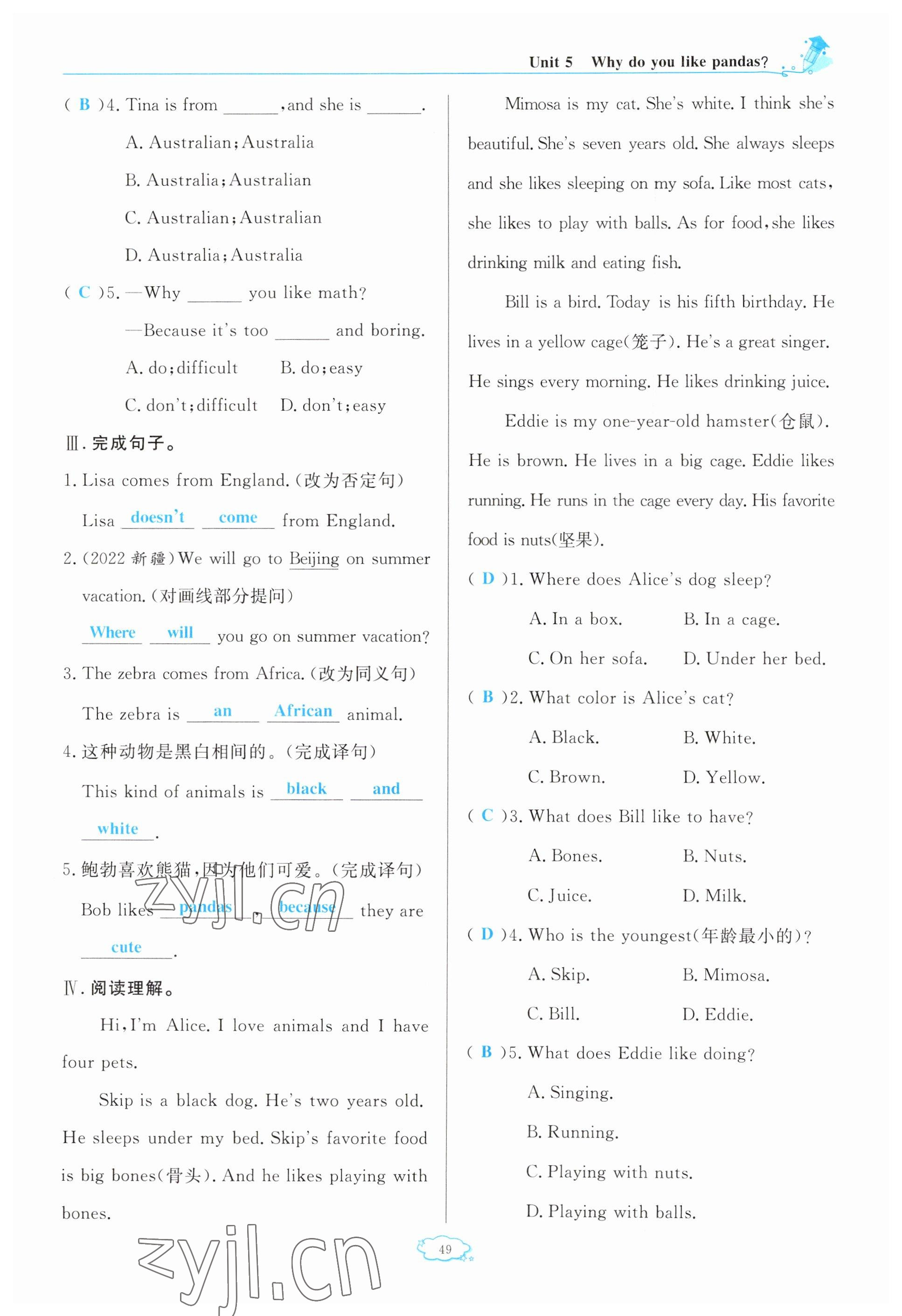 2023年啟航新課堂七年級英語下冊人教版 參考答案第49頁