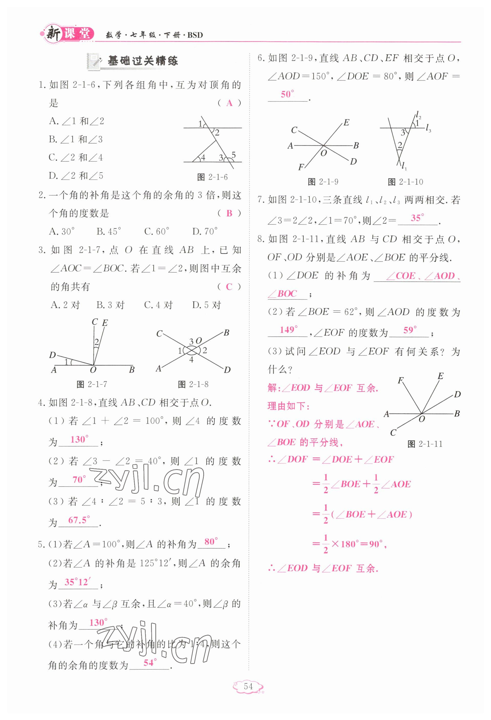 2023年啟航新課堂七年級數(shù)學(xué)下冊北師大版 參考答案第54頁