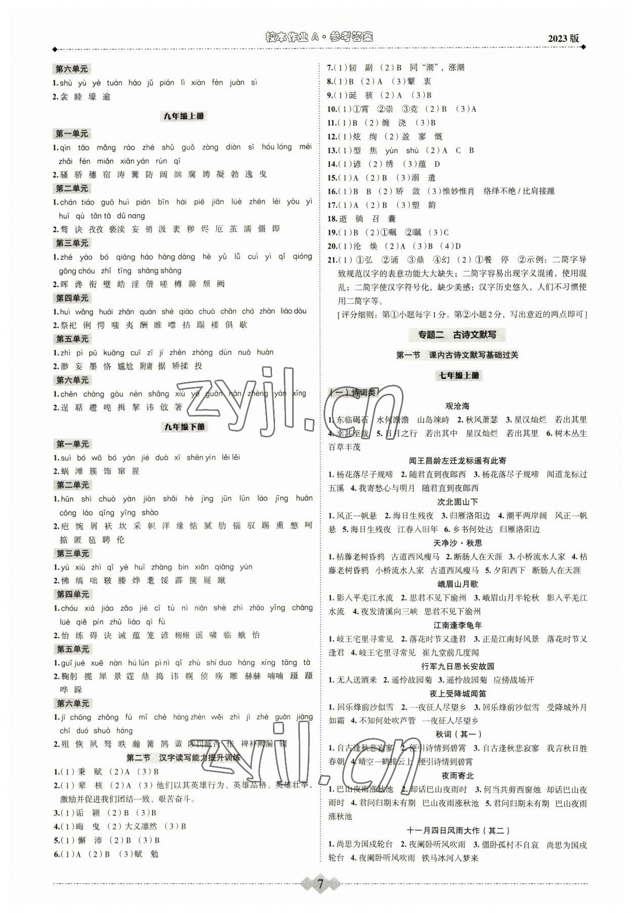 2023年新课标中考宝典语文浙江专版 参考答案第7页