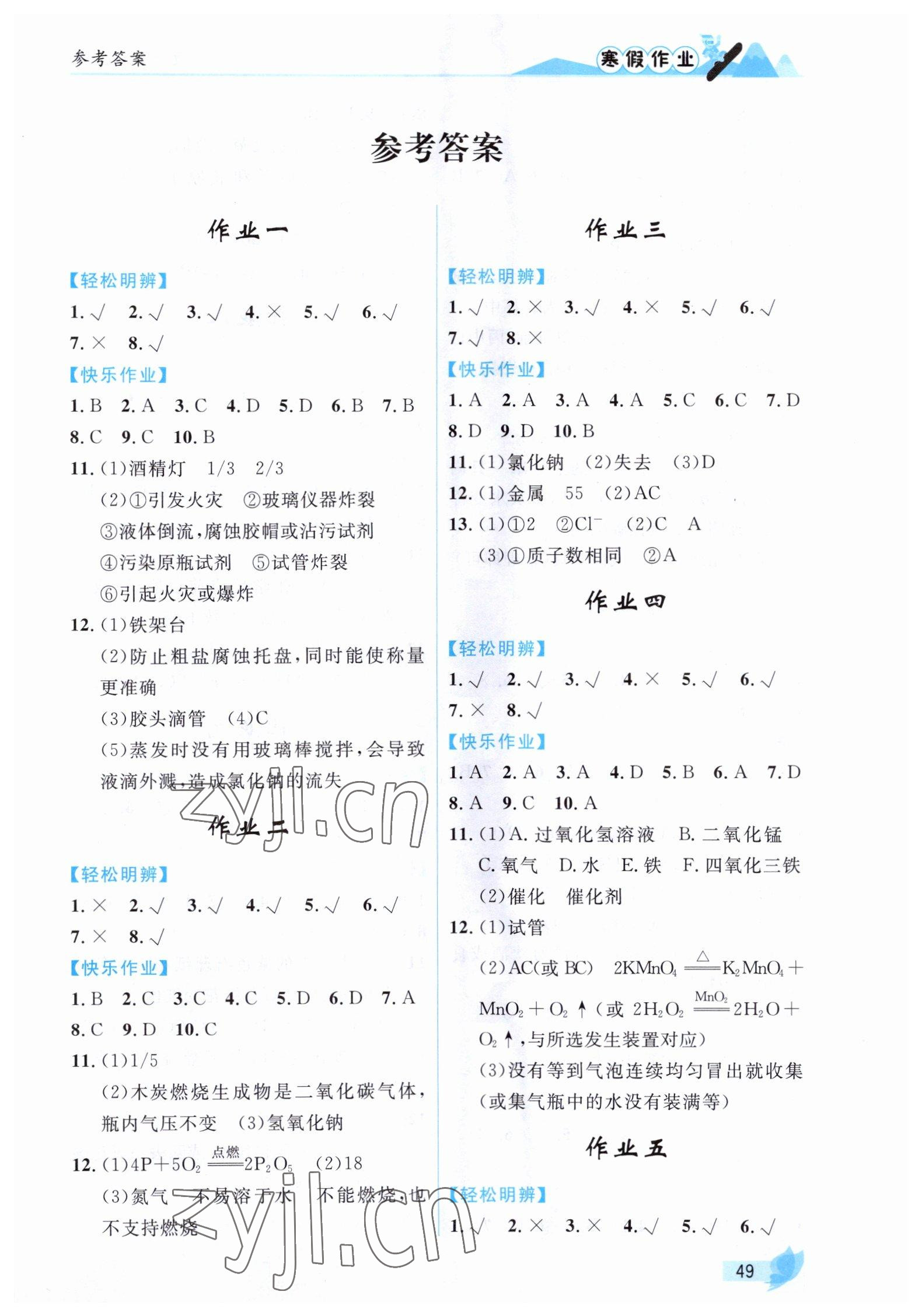 2023年寒假作业九年级化学内蒙古人民出版社 第1页