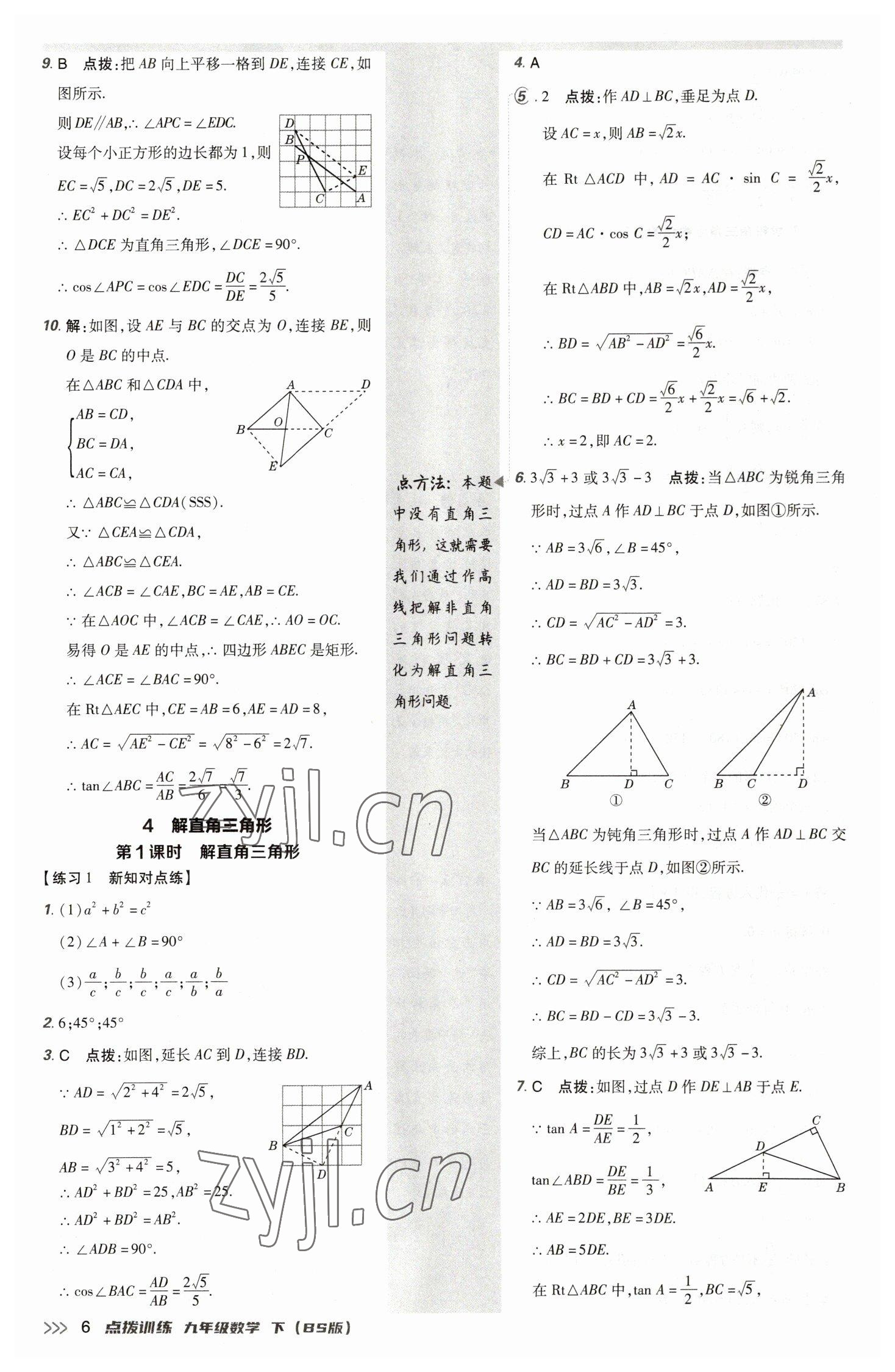 2023年點撥訓(xùn)練九年級數(shù)學(xué)下冊北師大版 參考答案第6頁