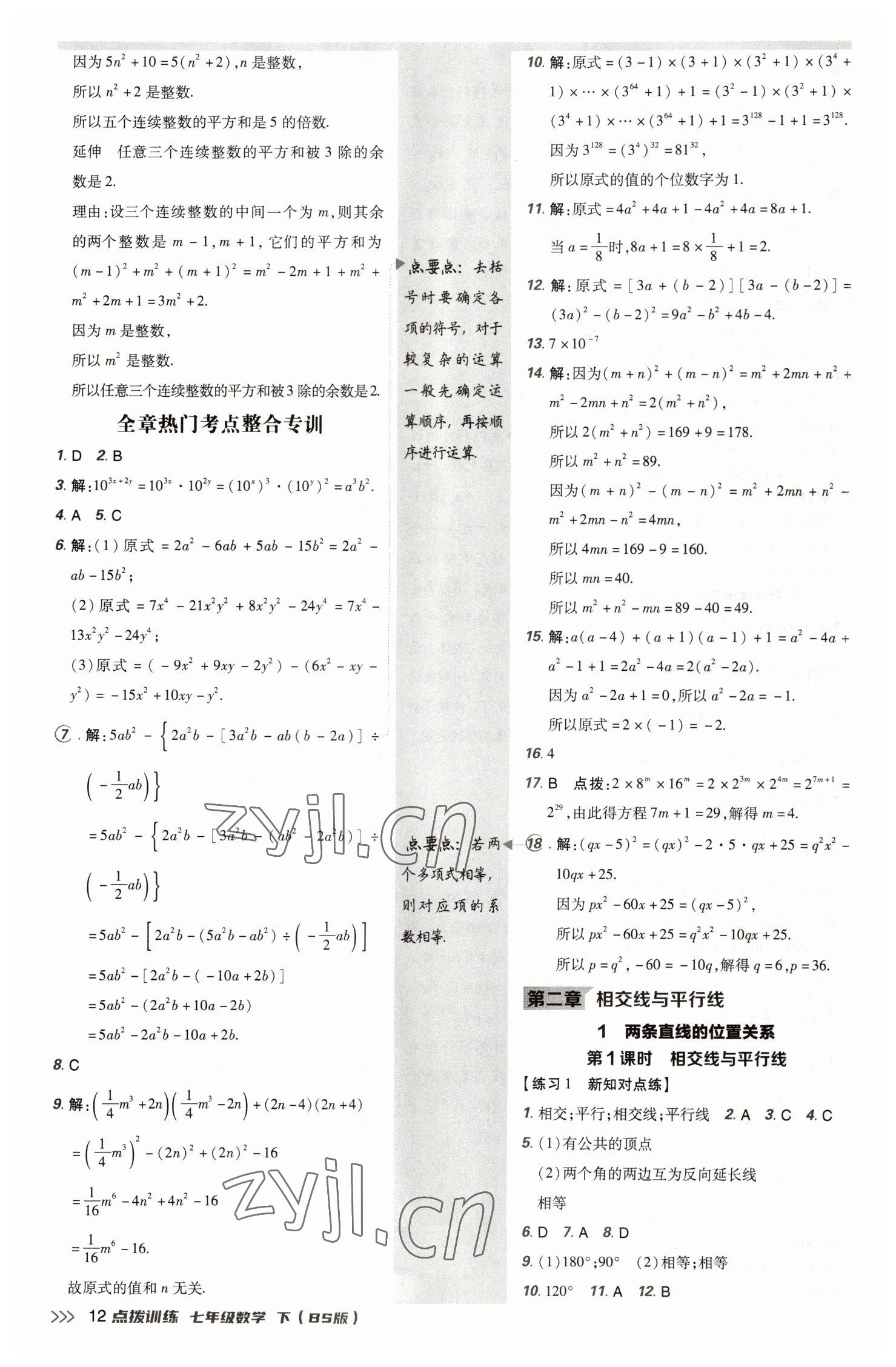 2023年點撥訓練七年級數(shù)學下冊北師大版 參考答案第11頁