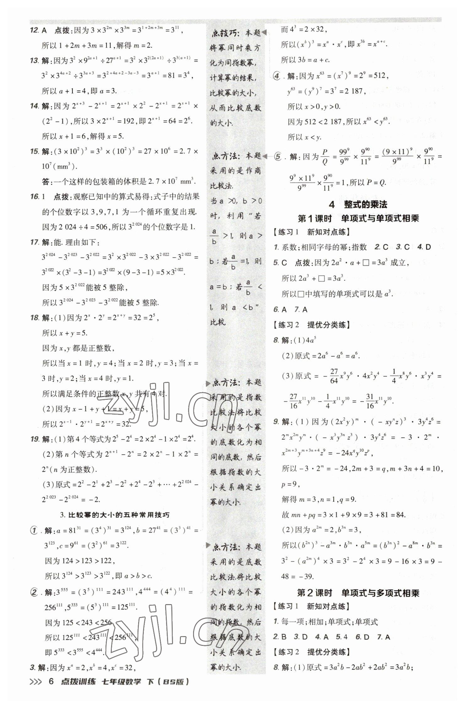 2023年點(diǎn)撥訓(xùn)練七年級(jí)數(shù)學(xué)下冊(cè)北師大版 參考答案第5頁(yè)