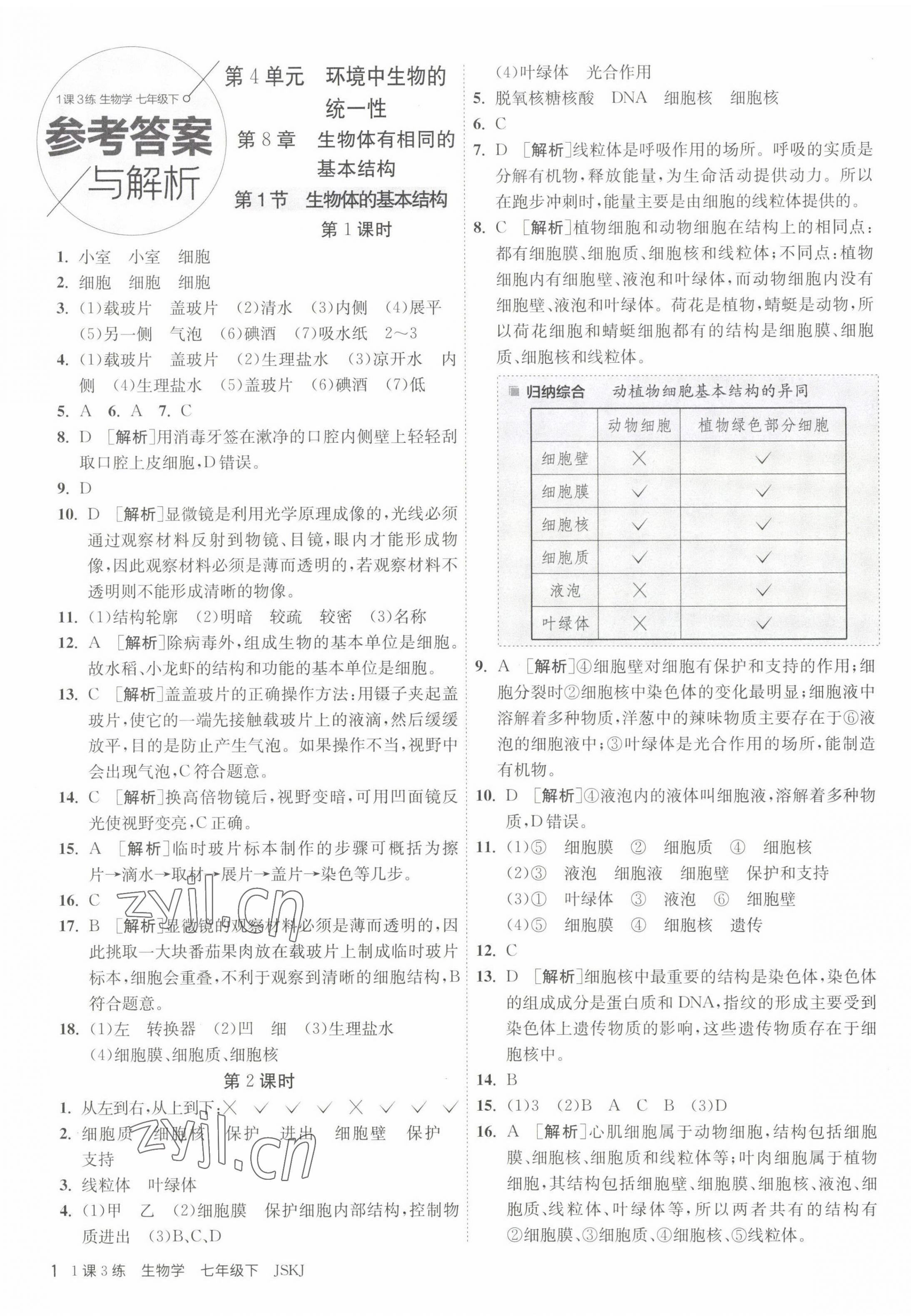 2023年1课3练单元达标测试七年级生物下册苏科版 第1页