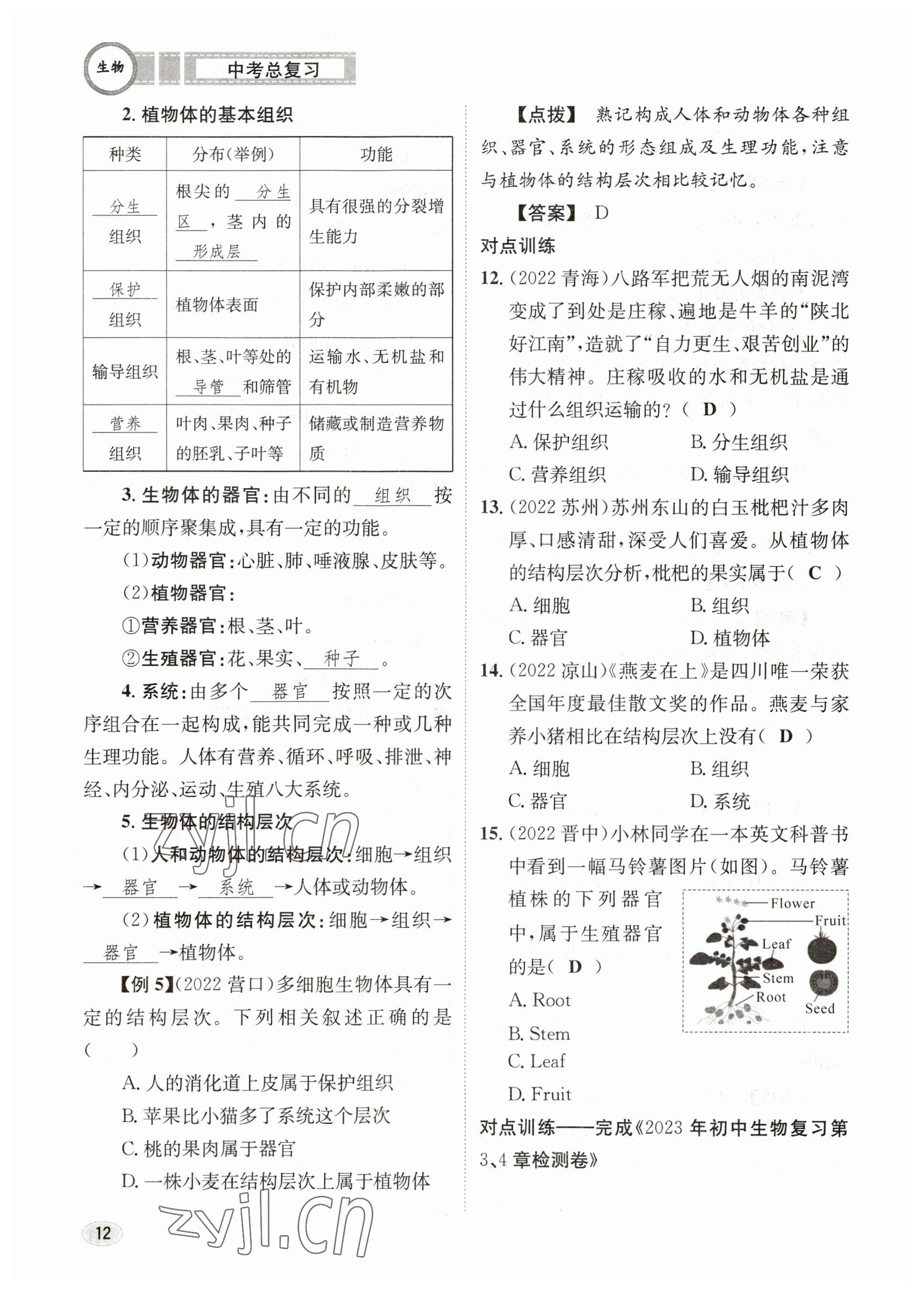 2023年中考總復(fù)習(xí)長(zhǎng)江出版社生物 參考答案第12頁(yè)