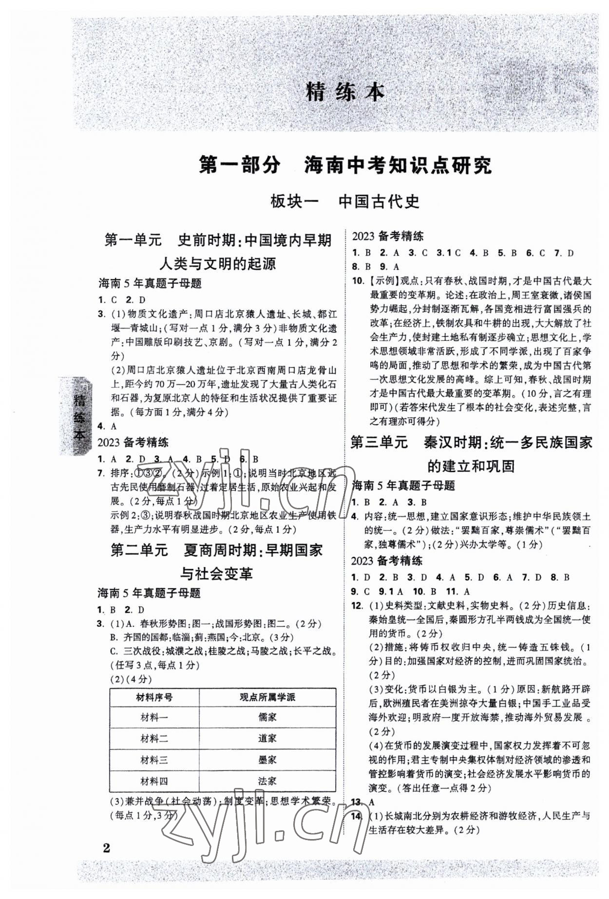 2023年万唯中考试题研究历史海南专版 参考答案第1页