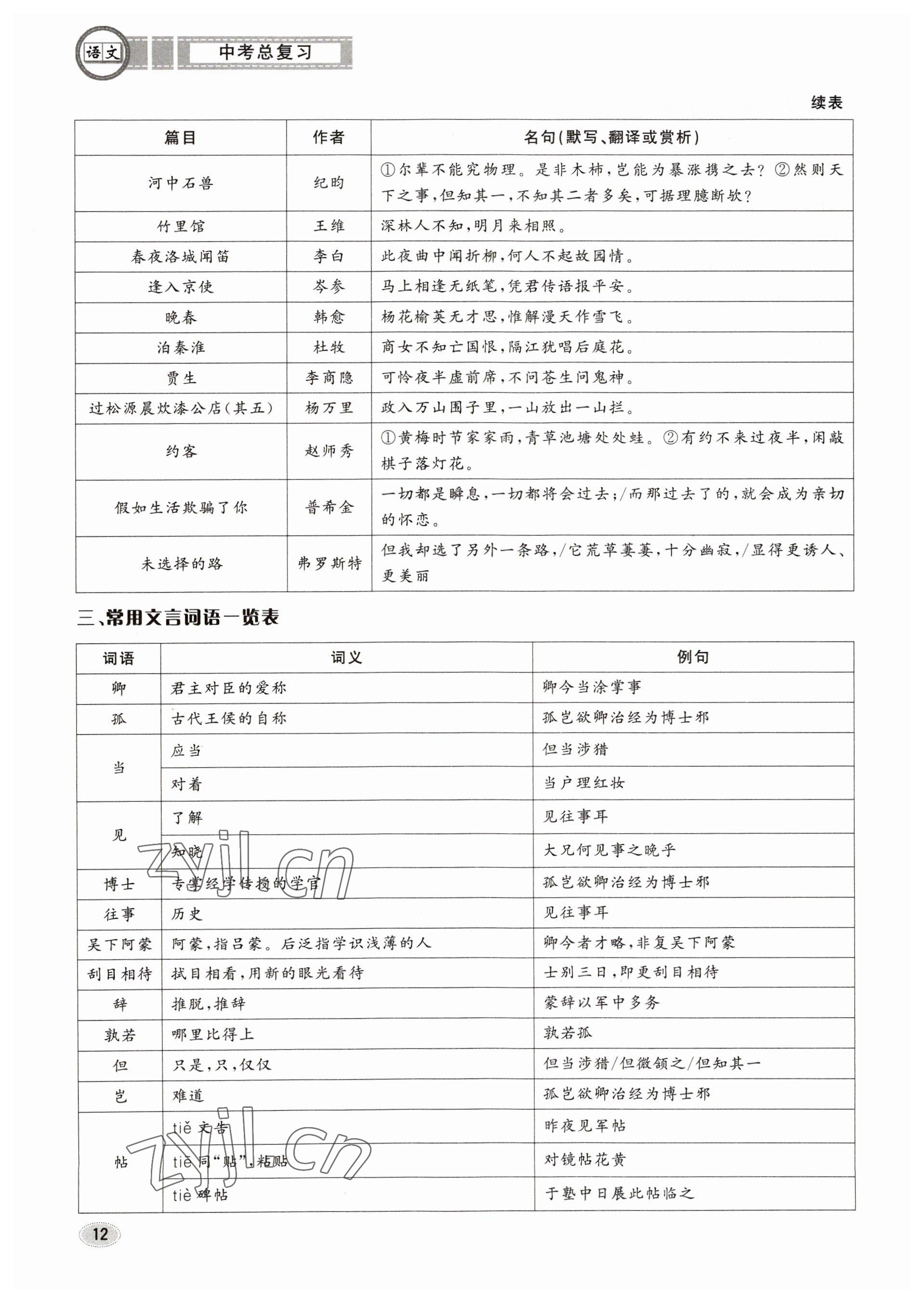 2023年中考總復(fù)習(xí)長江出版社語文 參考答案第12頁