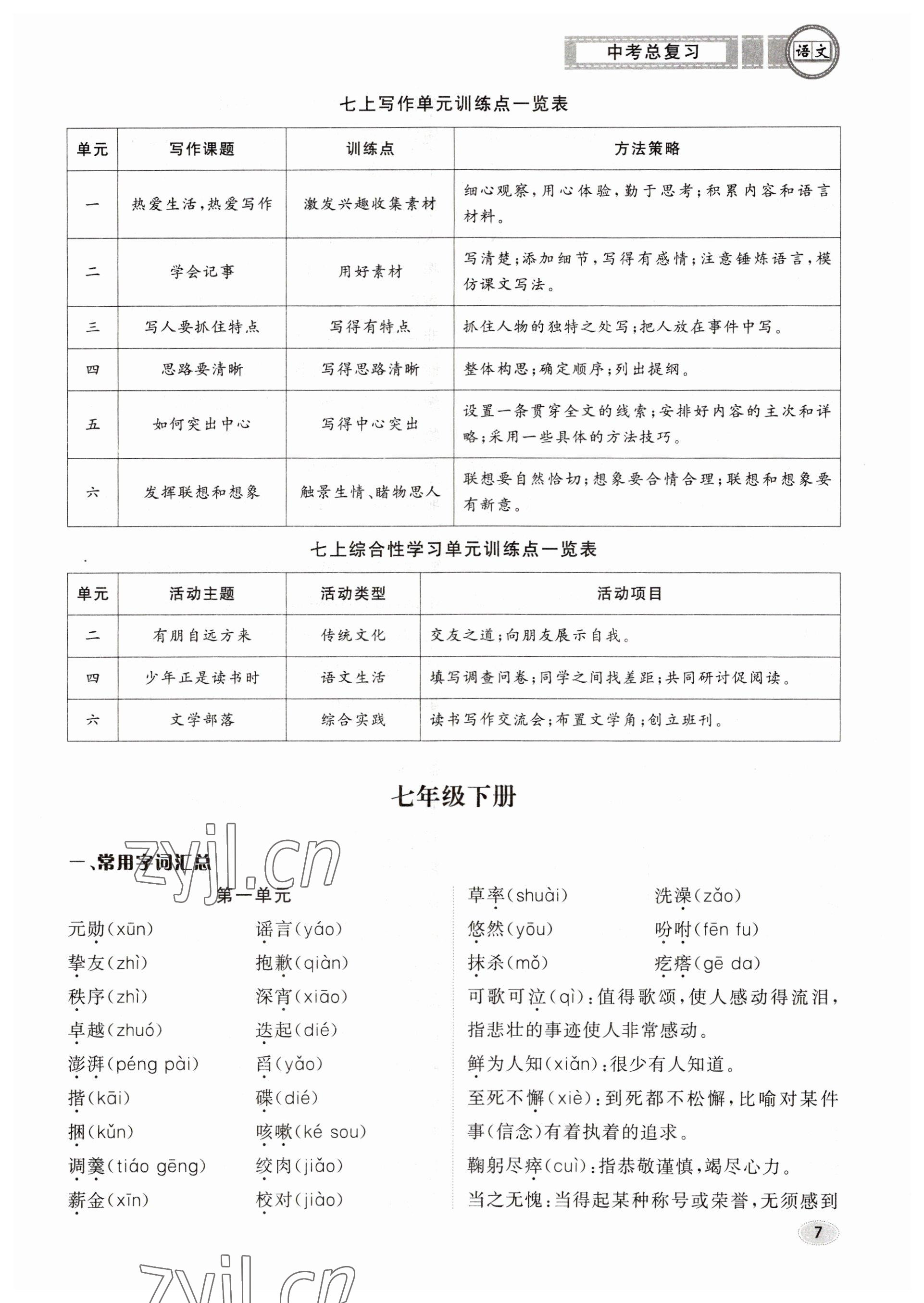 2023年中考總復(fù)習(xí)長江出版社語文 參考答案第7頁