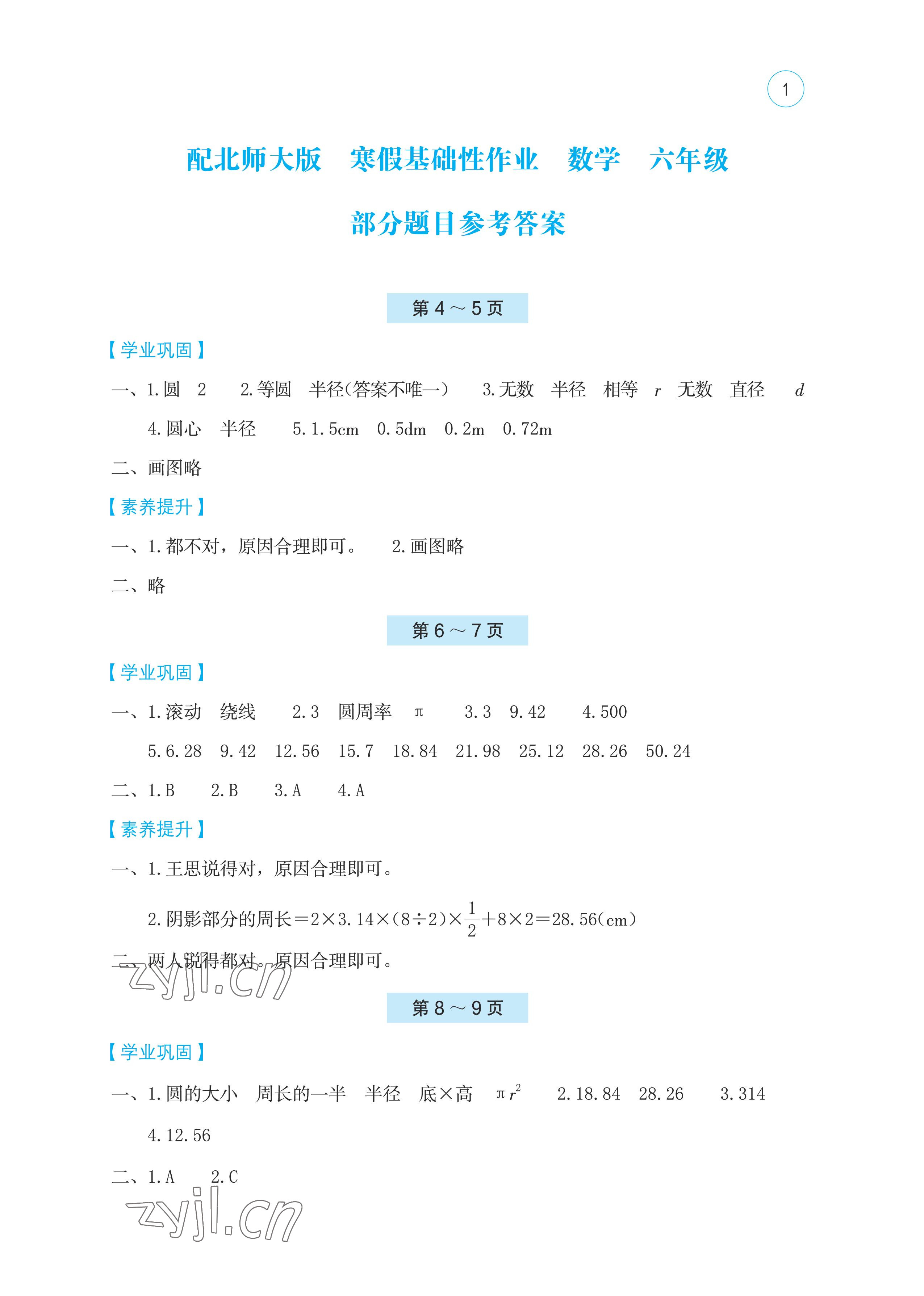 2023年寒假基础性作业六年级数学北师大版 第1页