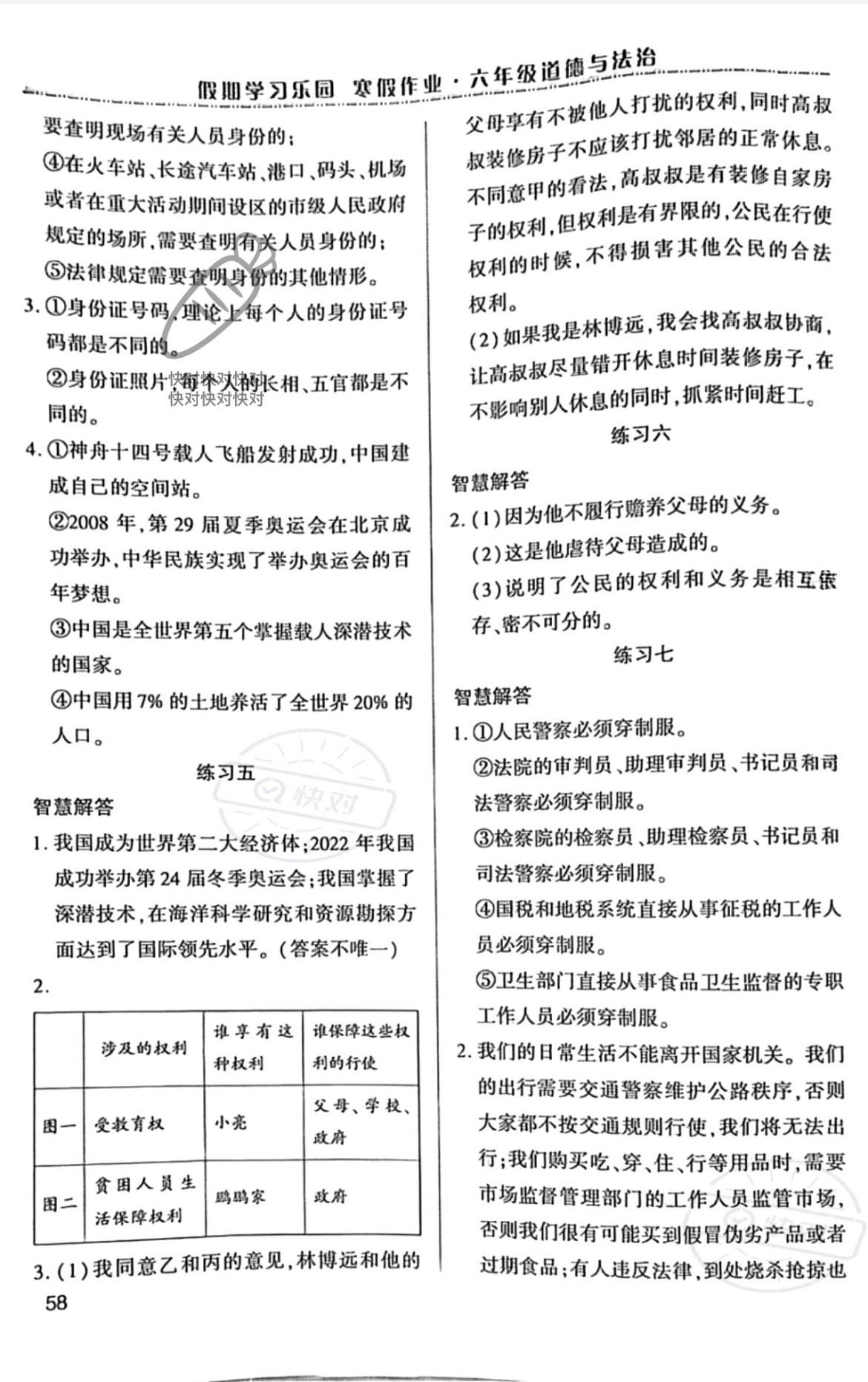 2023年假期学习乐园寒假作业世界图书出版公司六年级道德与法治 参考答案第2页