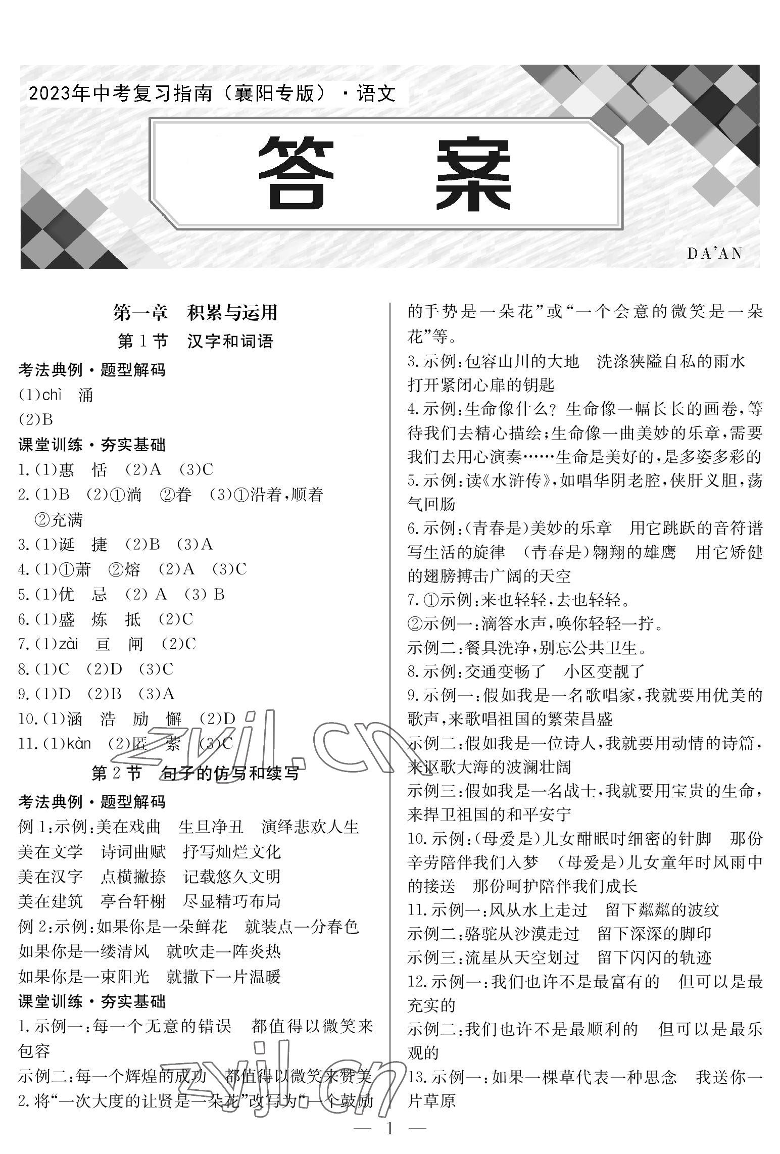 2023年中考復(fù)習(xí)指南長江少年兒童出版社語文中考 參考答案第1頁