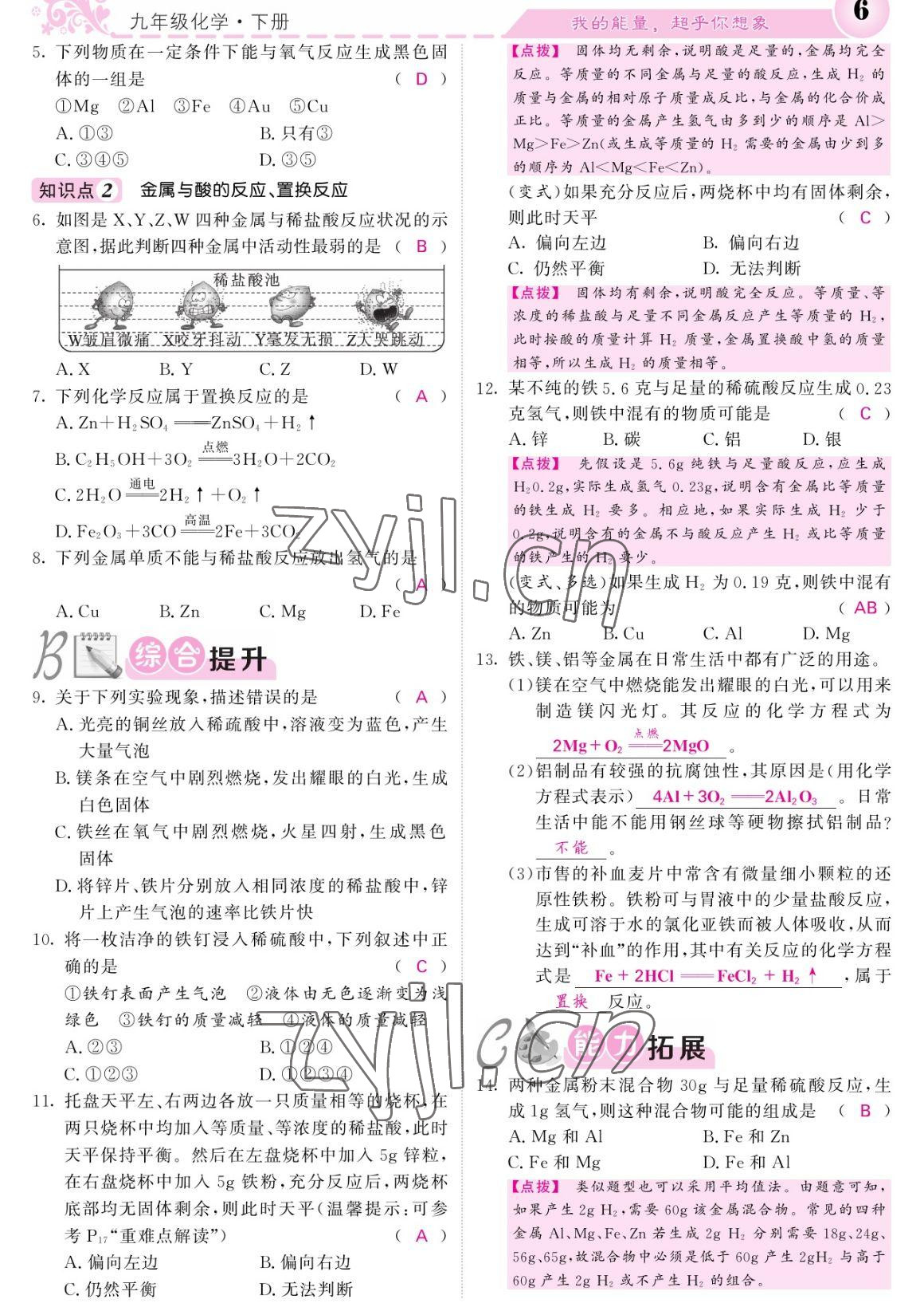 2023年課堂點睛九年級化學下冊人教版寧夏專版 參考答案第6頁