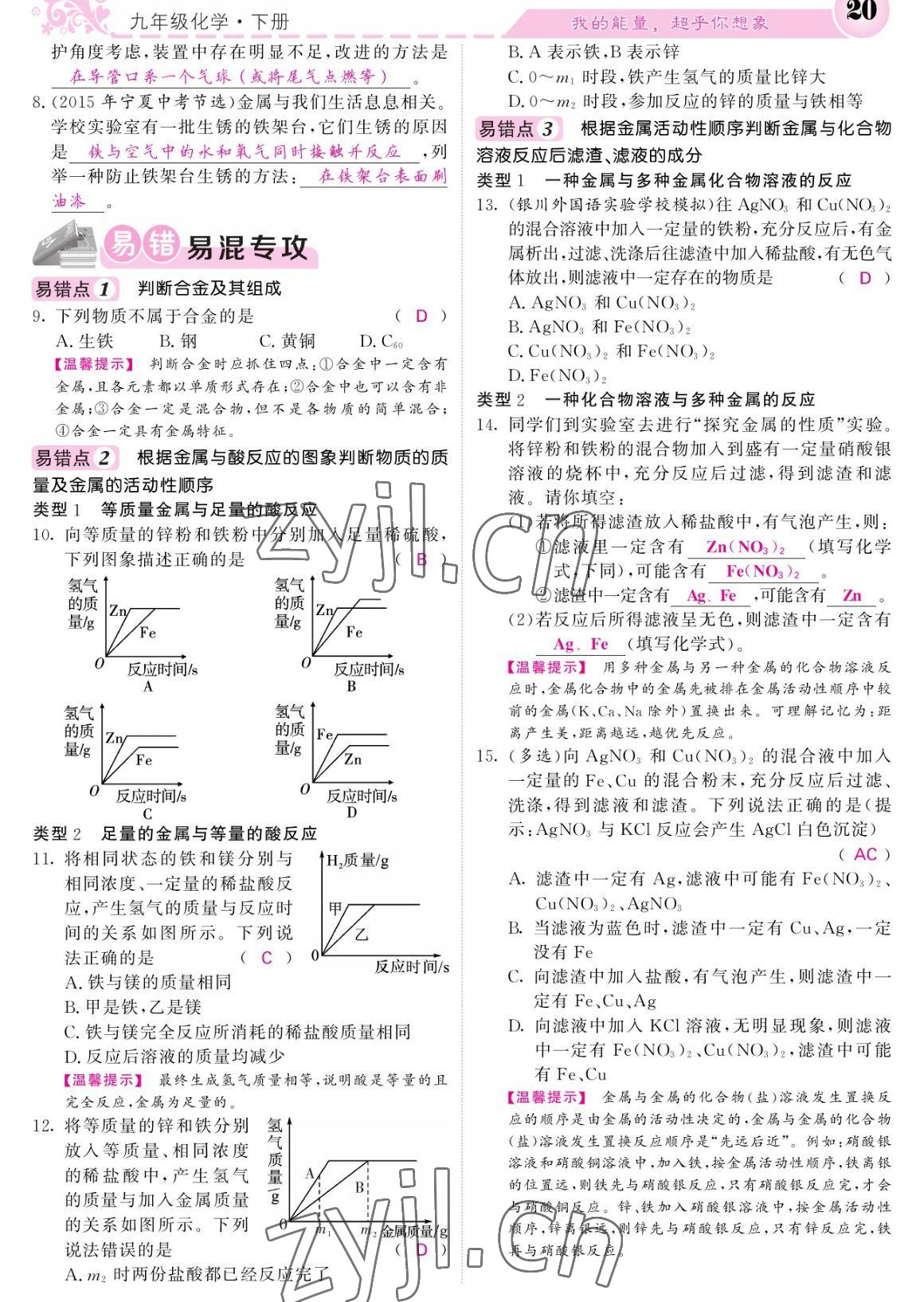 2023年課堂點(diǎn)睛九年級化學(xué)下冊人教版寧夏專版 參考答案第20頁