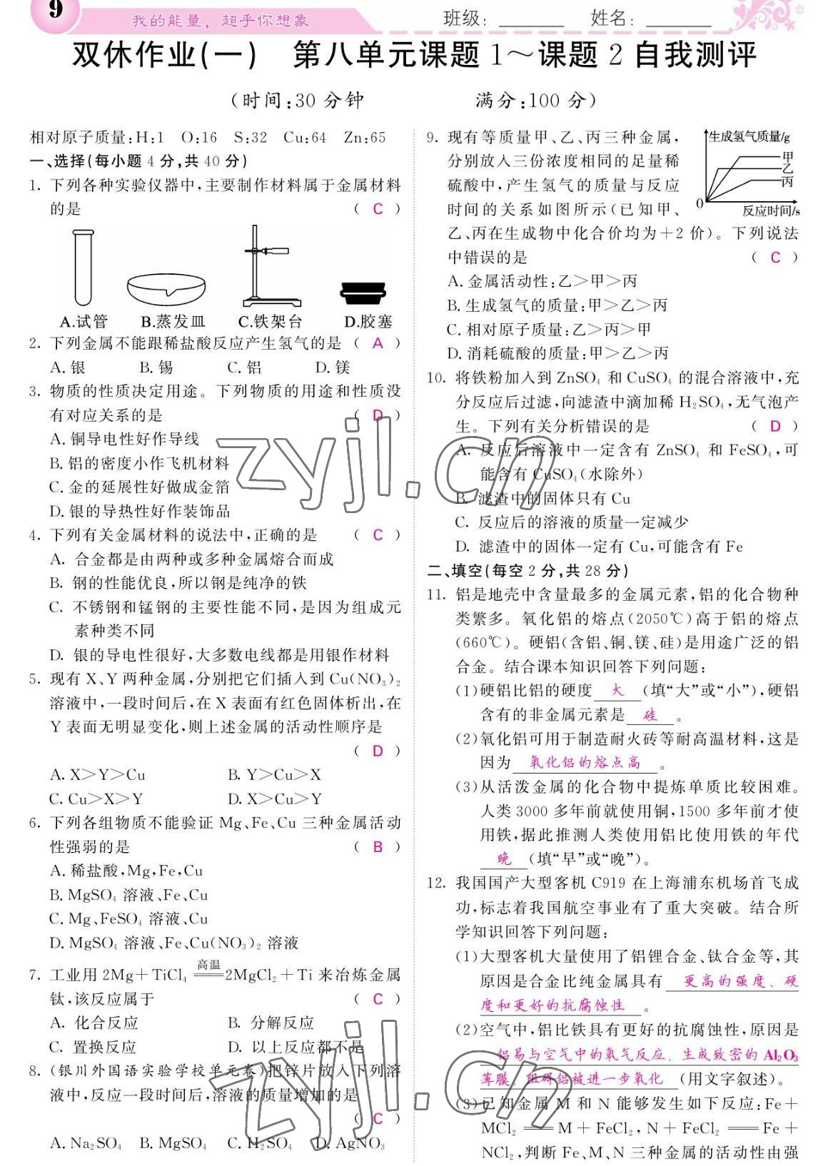 2023年課堂點睛九年級化學下冊人教版寧夏專版 參考答案第9頁