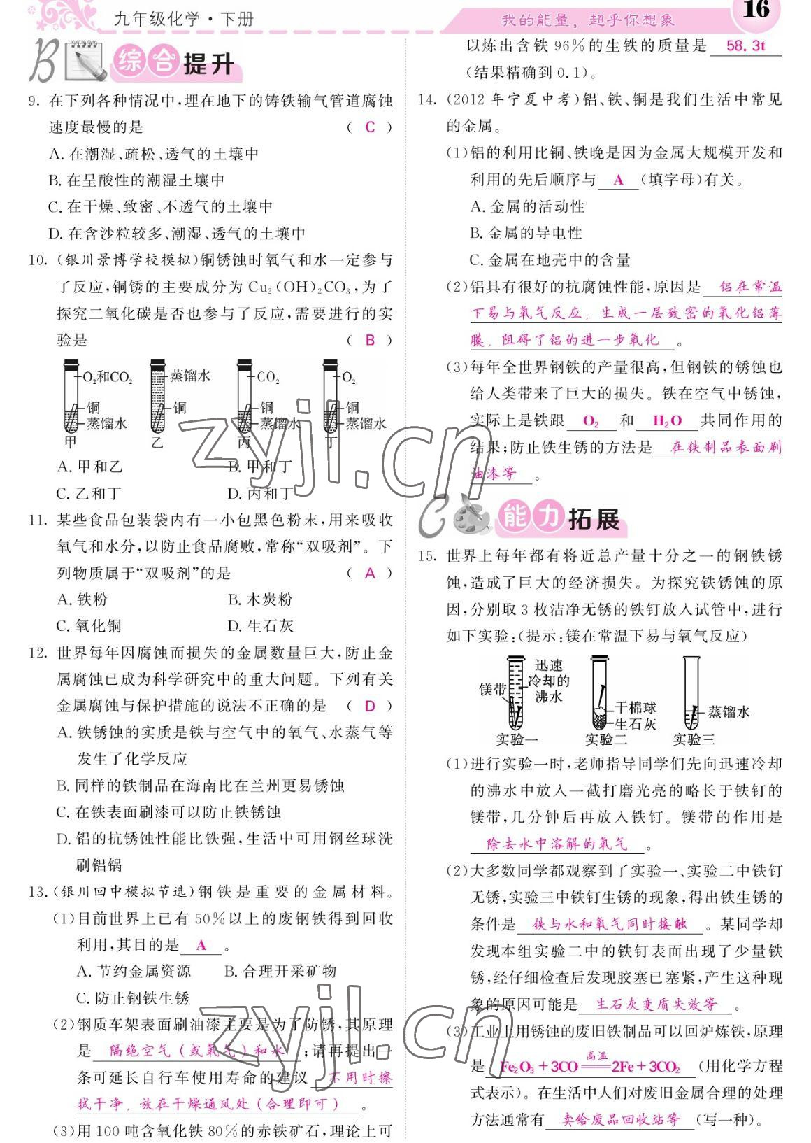 2023年課堂點(diǎn)睛九年級化學(xué)下冊人教版寧夏專版 參考答案第16頁