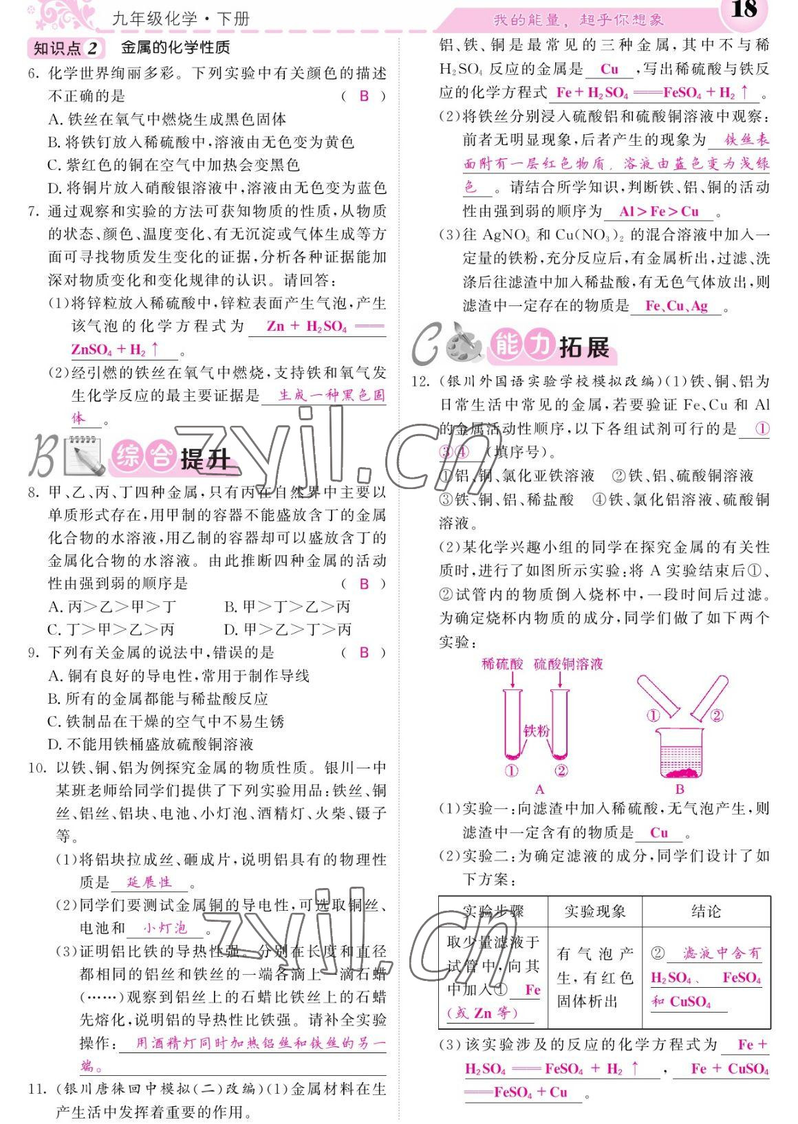 2023年課堂點睛九年級化學(xué)下冊人教版寧夏專版 參考答案第18頁