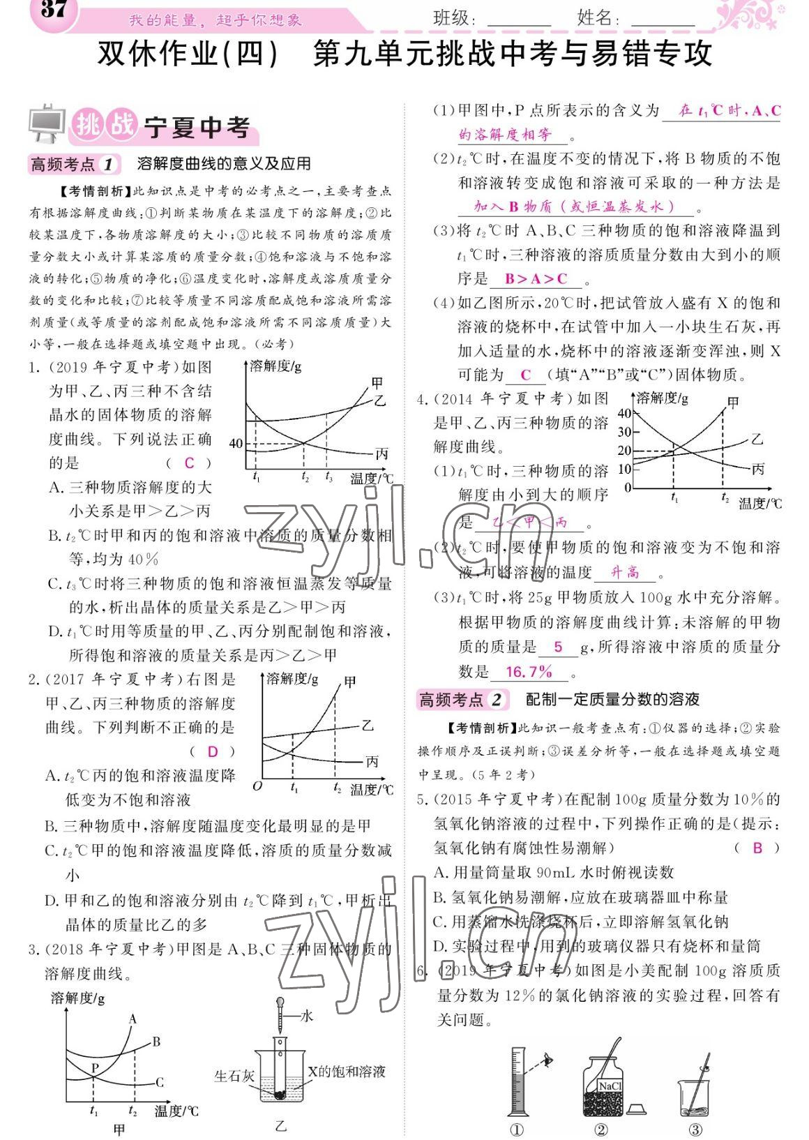 2023年課堂點(diǎn)睛九年級化學(xué)下冊人教版寧夏專版 參考答案第37頁