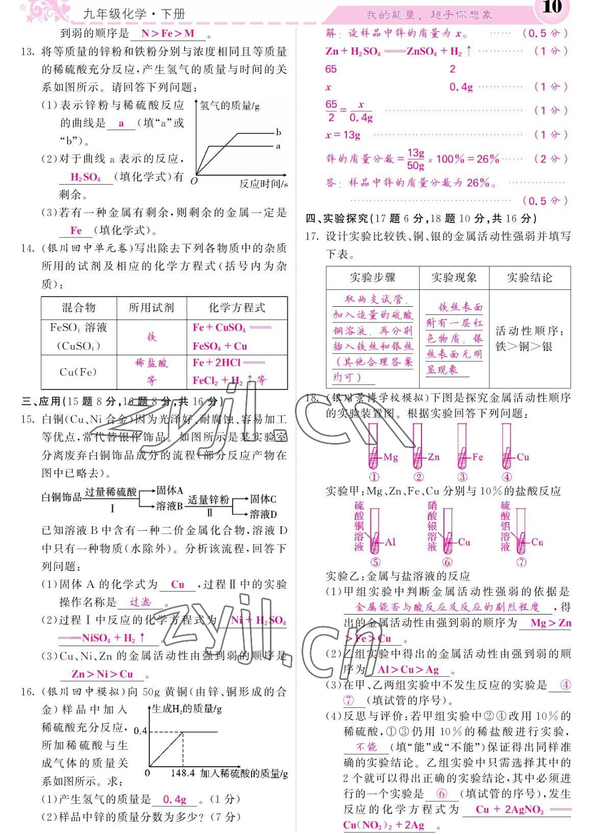 2023年課堂點(diǎn)睛九年級(jí)化學(xué)下冊(cè)人教版寧夏專版 參考答案第10頁(yè)