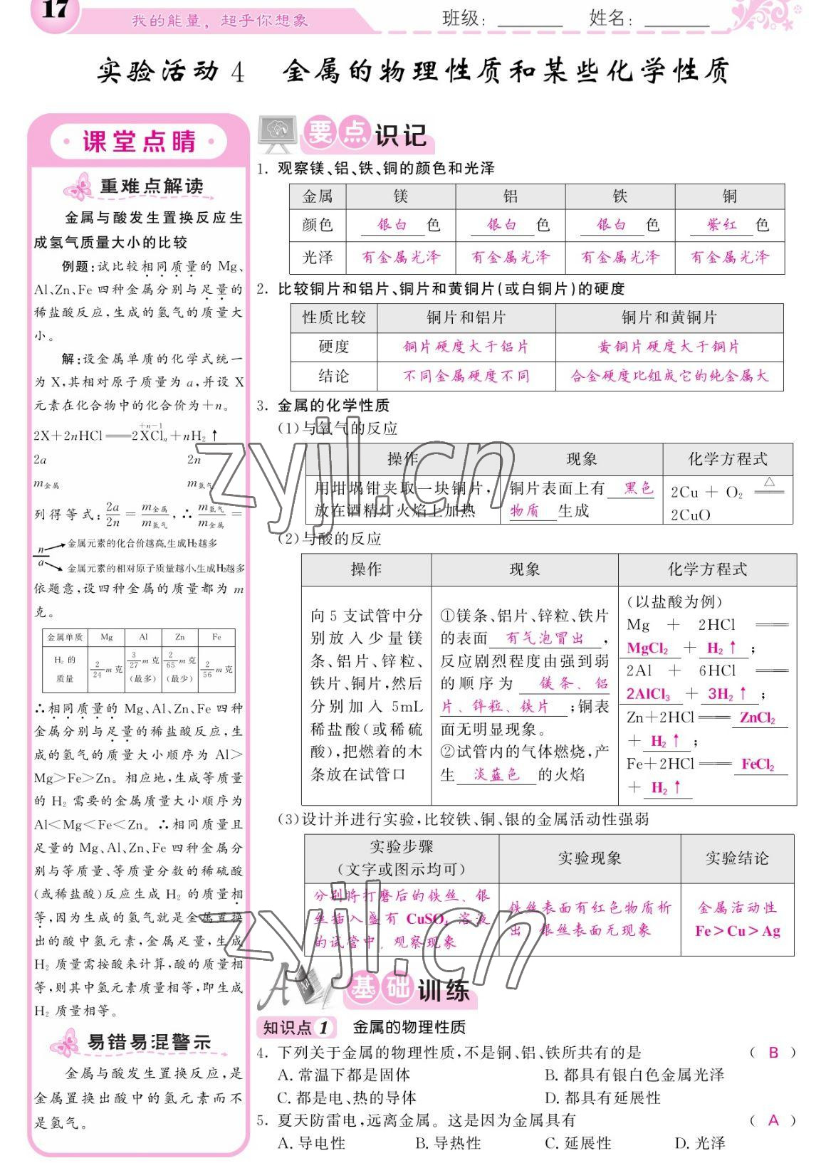 2023年課堂點(diǎn)睛九年級化學(xué)下冊人教版寧夏專版 參考答案第17頁