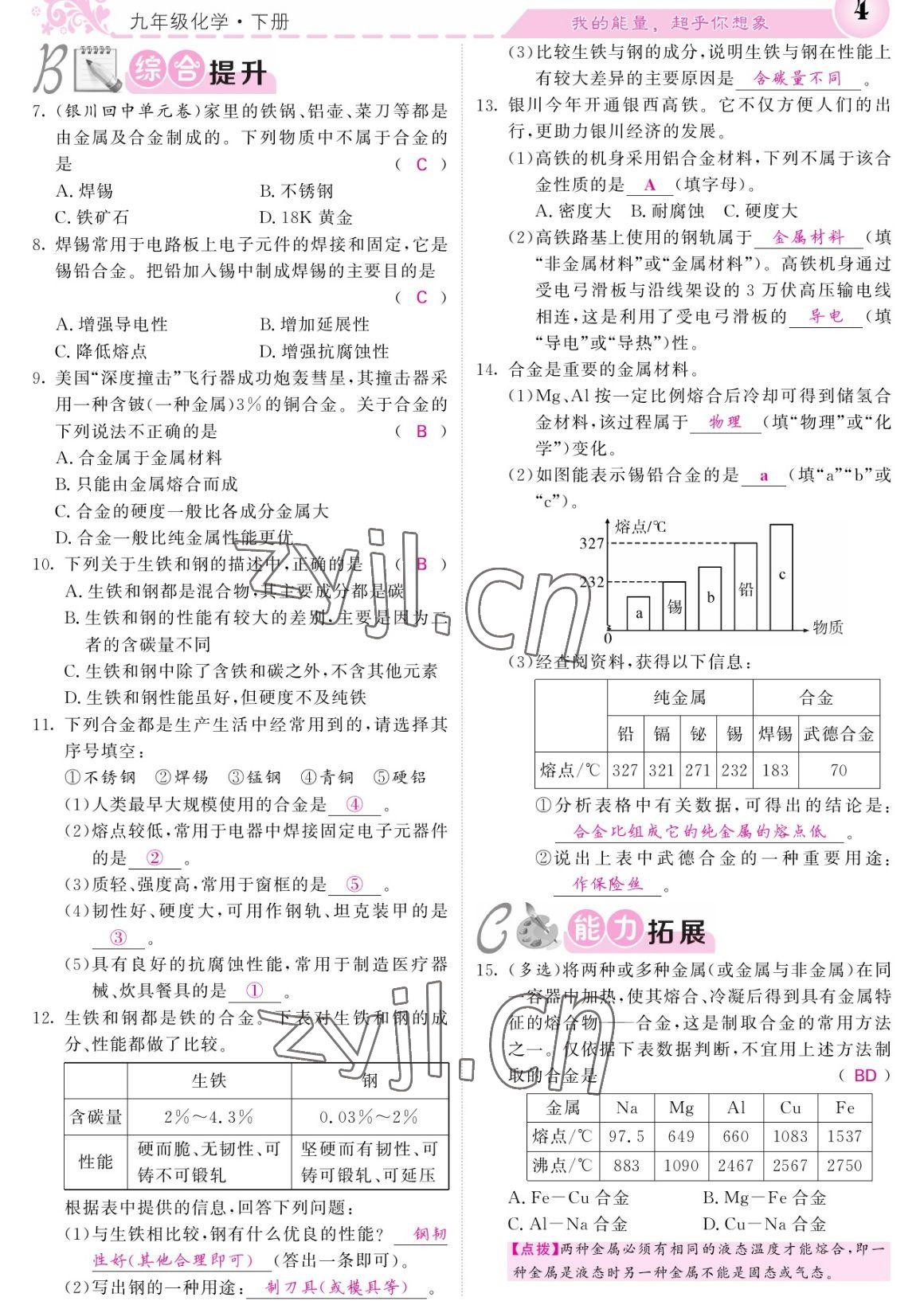 2023年課堂點(diǎn)睛九年級(jí)化學(xué)下冊(cè)人教版寧夏專版 參考答案第4頁