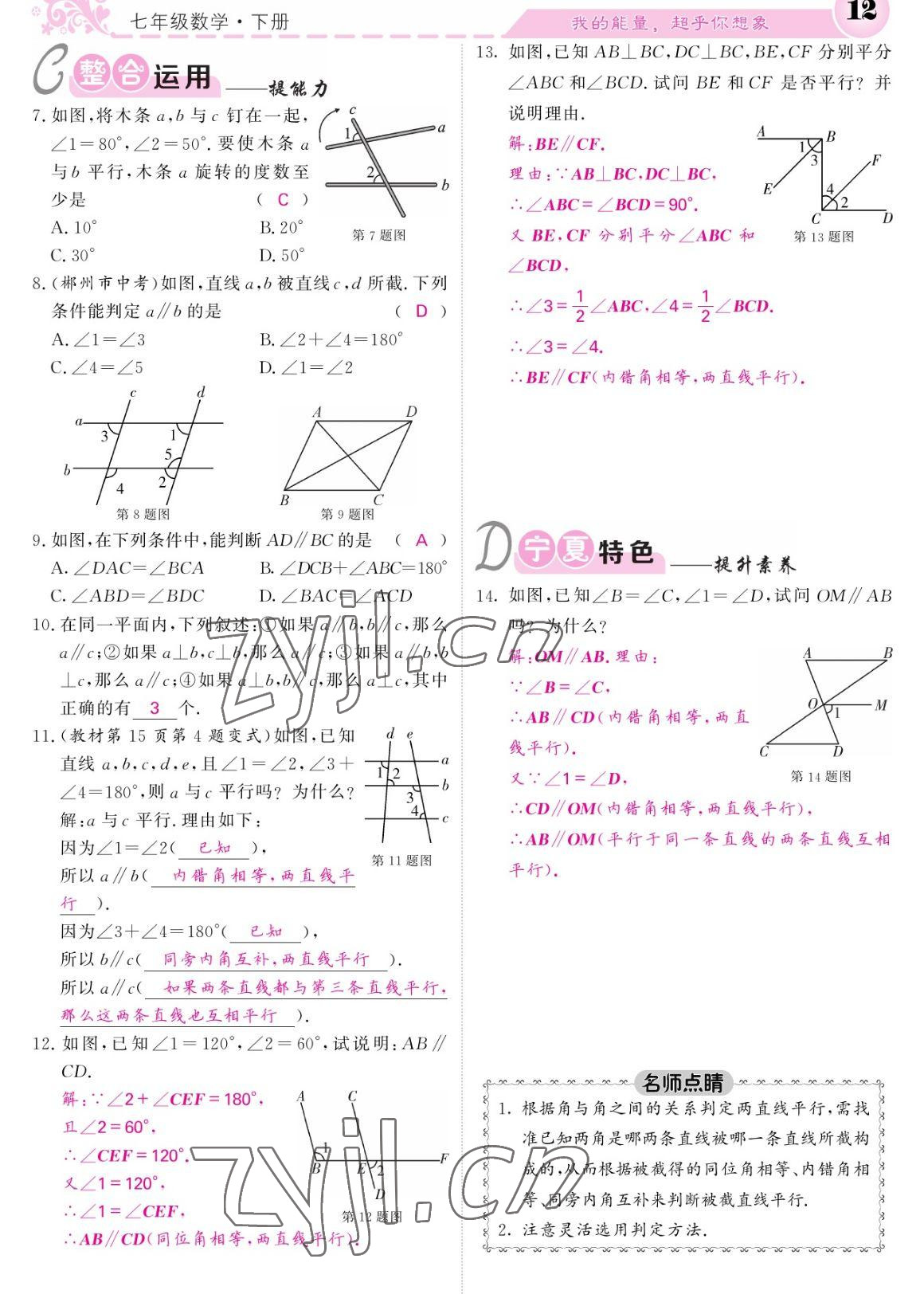 2023年课堂点睛七年级数学下册人教版宁夏专版 参考答案第12页