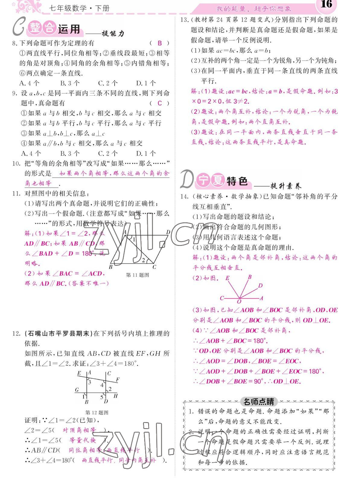 2023年课堂点睛七年级数学下册人教版宁夏专版 参考答案第16页