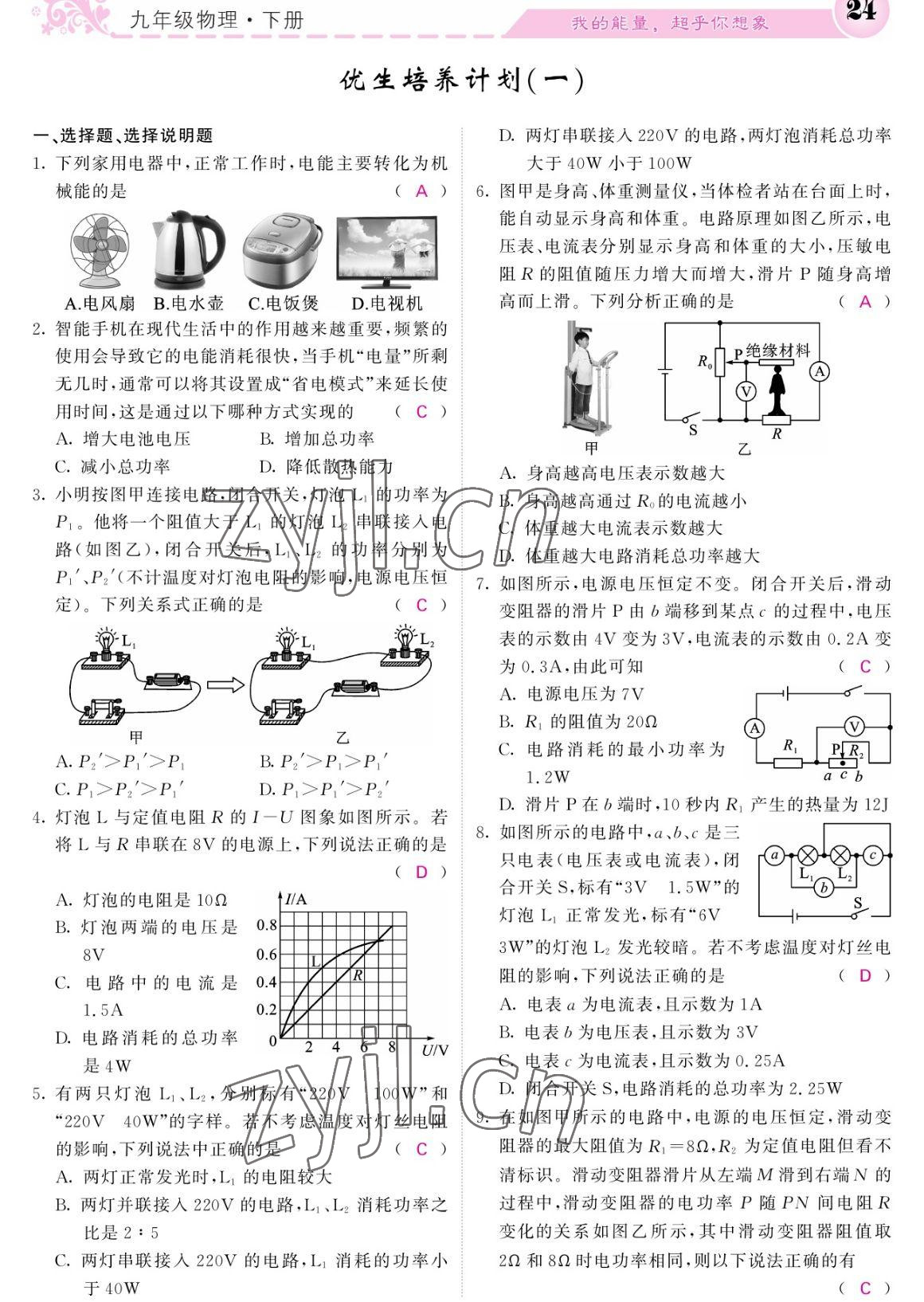 2023年課堂點(diǎn)睛九年級(jí)物理下冊(cè)人教版寧夏專版 參考答案第24頁