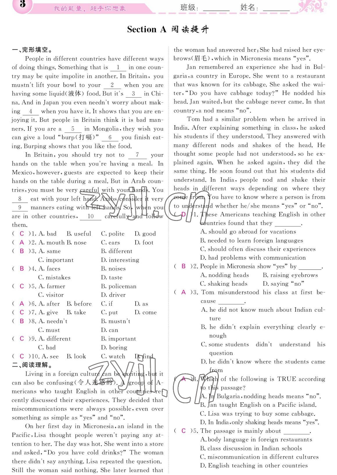 2023年課堂點(diǎn)睛九年級(jí)英語下冊(cè)人教版寧夏專版 參考答案第3頁