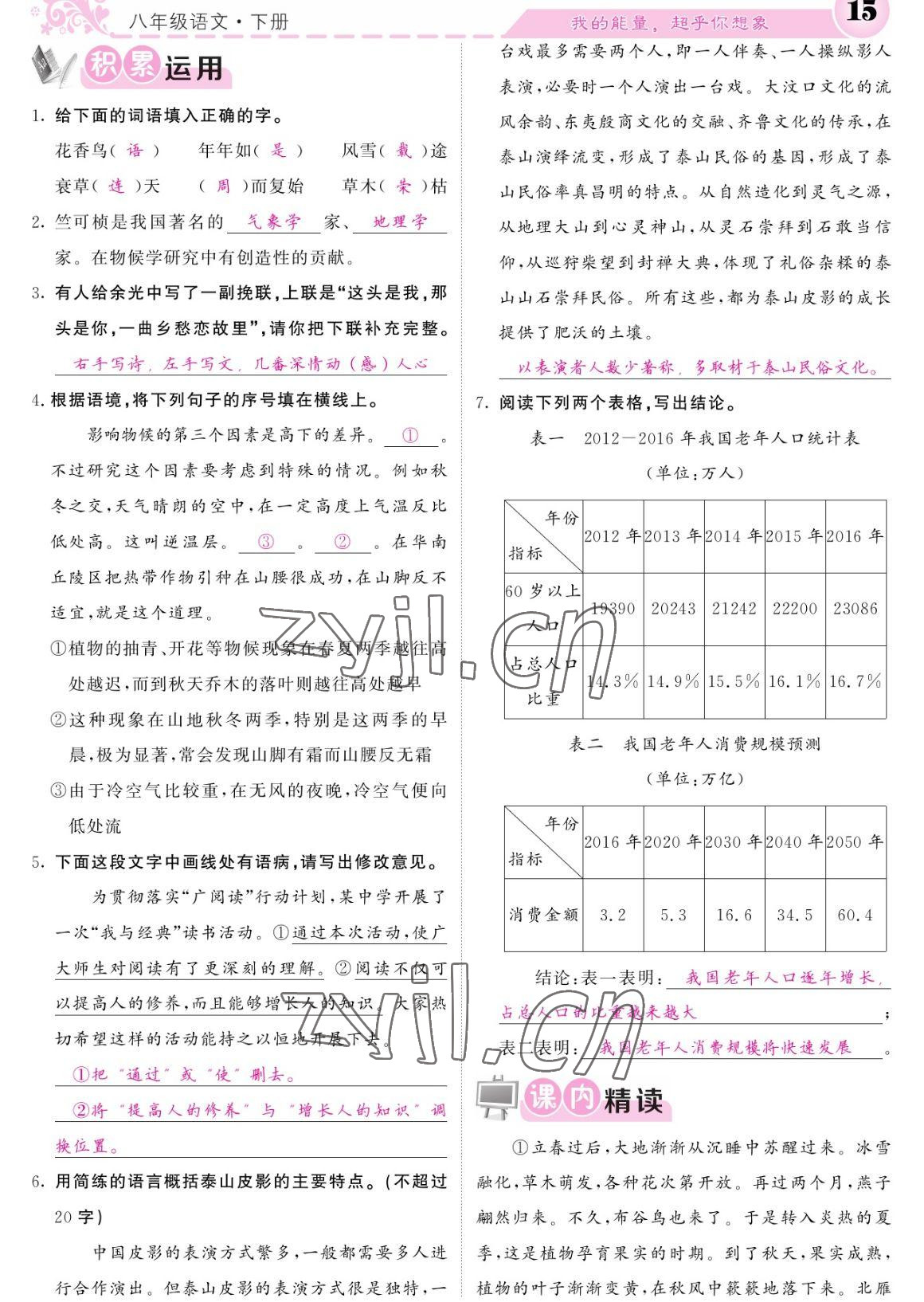 2023年課堂點(diǎn)睛八年級(jí)語(yǔ)文下冊(cè)人教版寧夏專版 參考答案第15頁(yè)