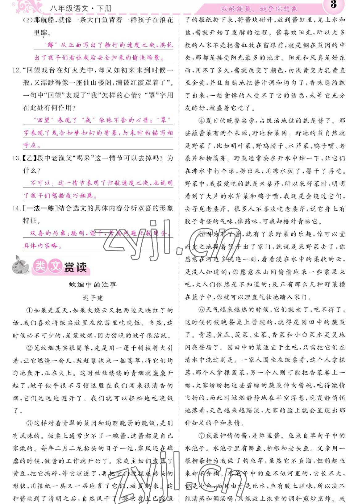 2023年課堂點(diǎn)睛八年級(jí)語文下冊(cè)人教版寧夏專版 參考答案第3頁