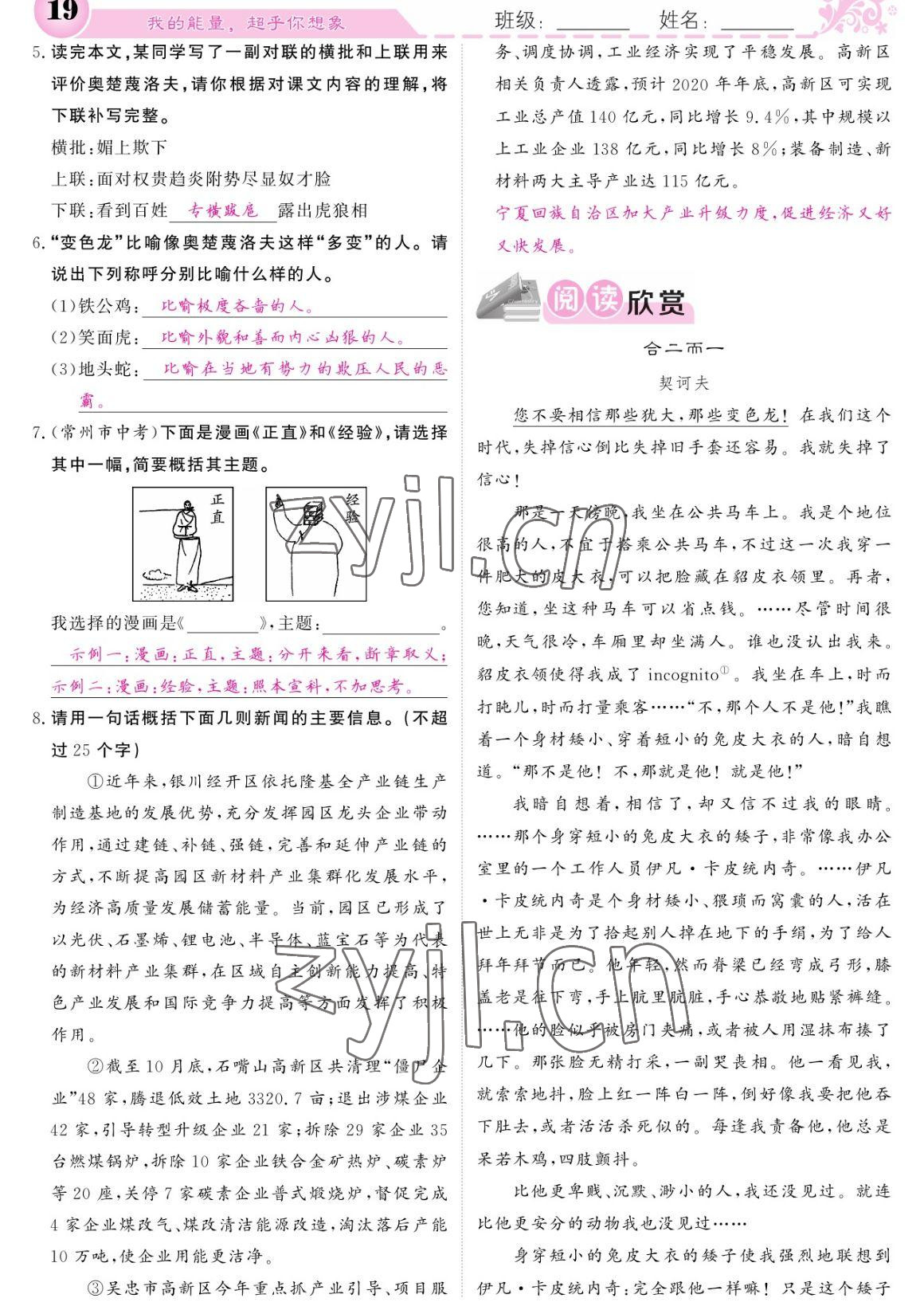 2023年課堂點(diǎn)睛九年級(jí)語(yǔ)文下冊(cè)人教版寧夏專版 參考答案第19頁(yè)