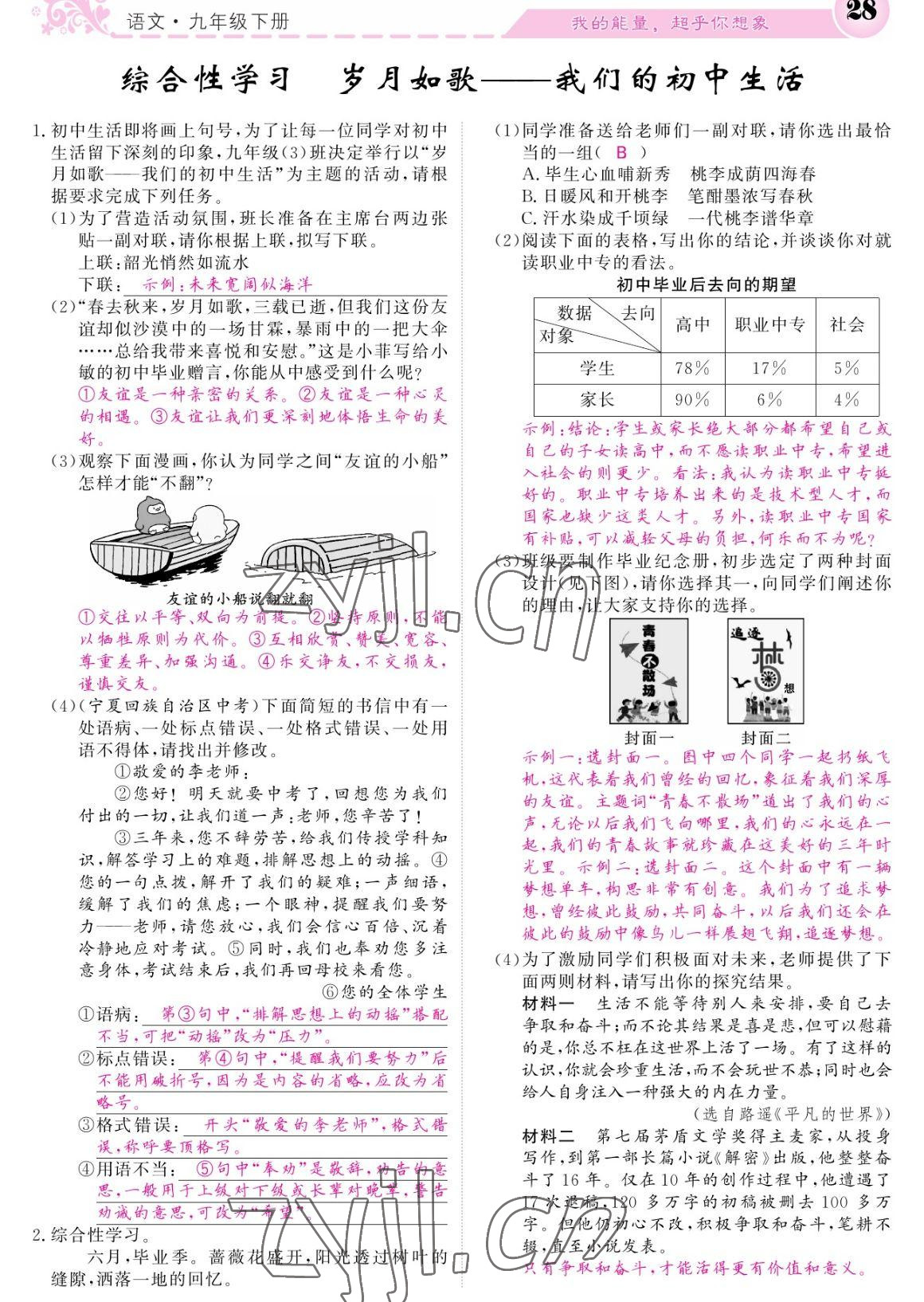 2023年課堂點睛九年級語文下冊人教版寧夏專版 參考答案第28頁