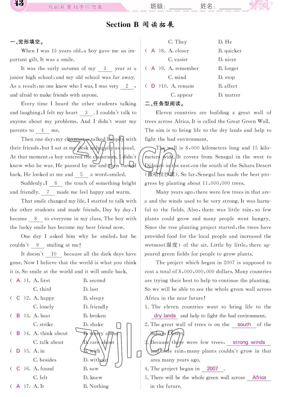 2023年課堂點(diǎn)睛八年級英語下冊人教版寧夏專版 參考答案第43頁