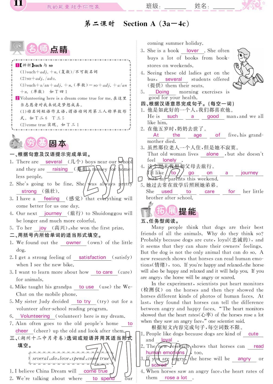 2023年課堂點(diǎn)睛八年級(jí)英語(yǔ)下冊(cè)人教版寧夏專版 參考答案第11頁(yè)