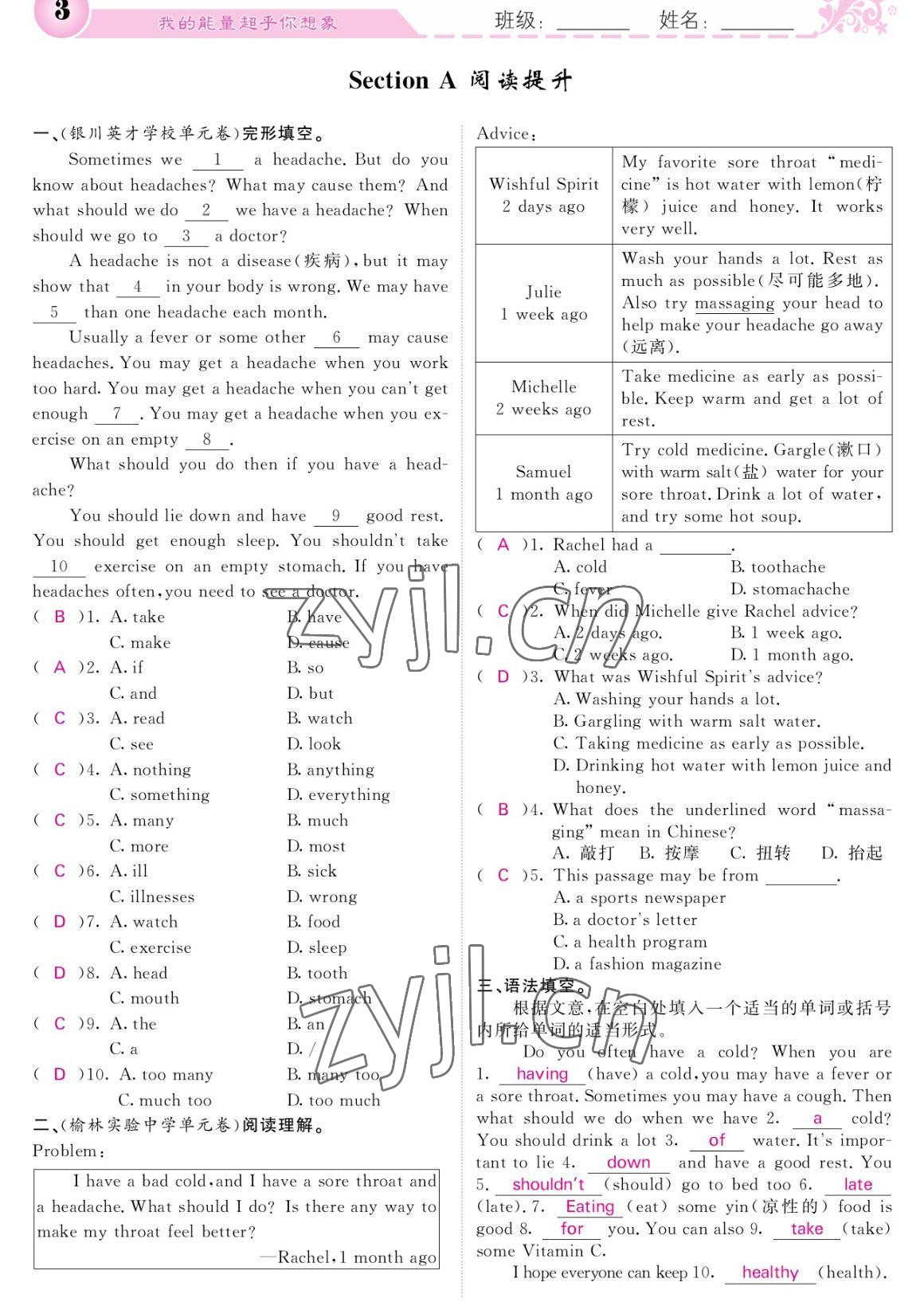 2023年课堂点睛八年级英语下册人教版宁夏专版 参考答案第3页