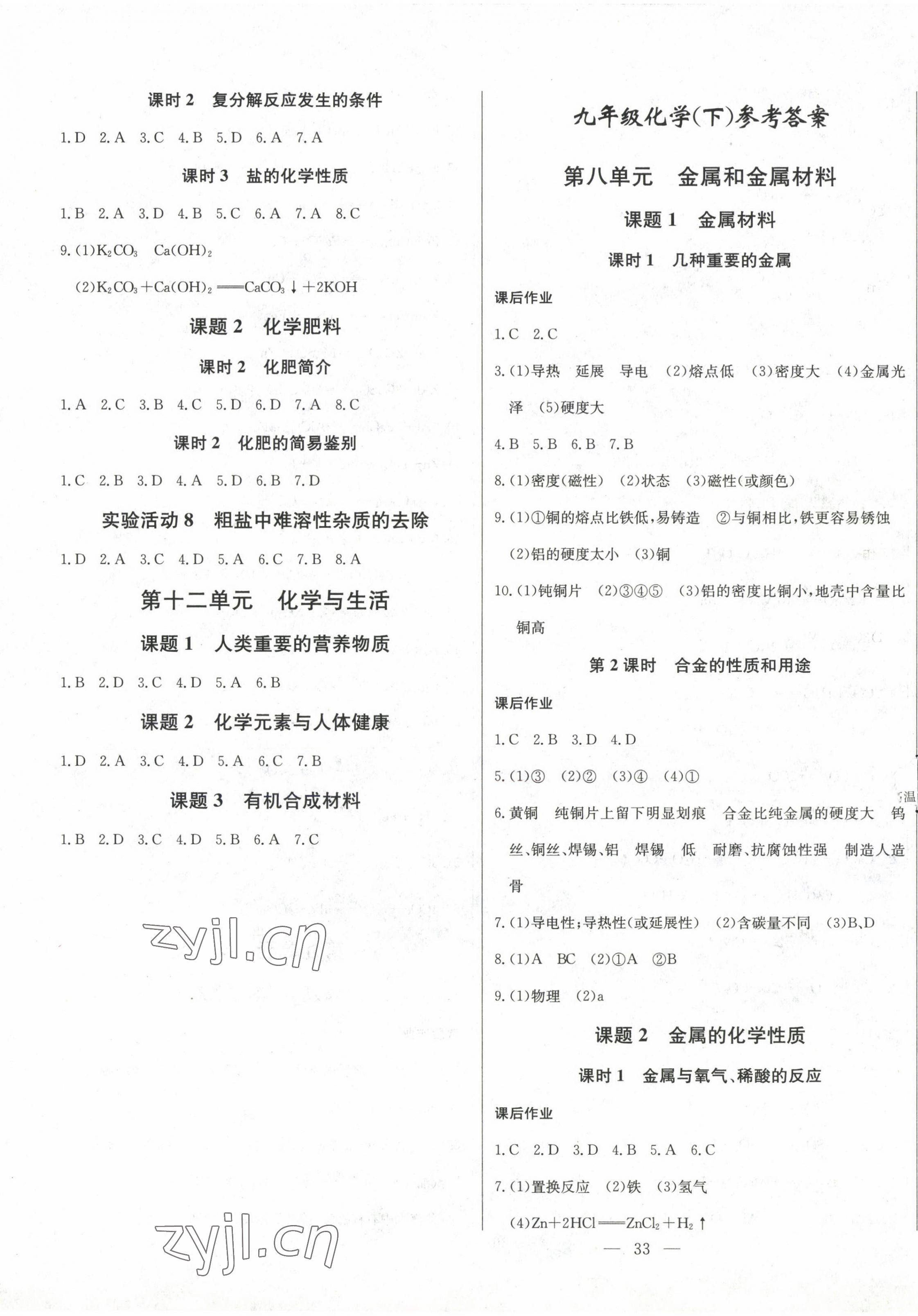 2023年乐学课堂课时学讲练九年级化学下册人教版 参考答案第5页