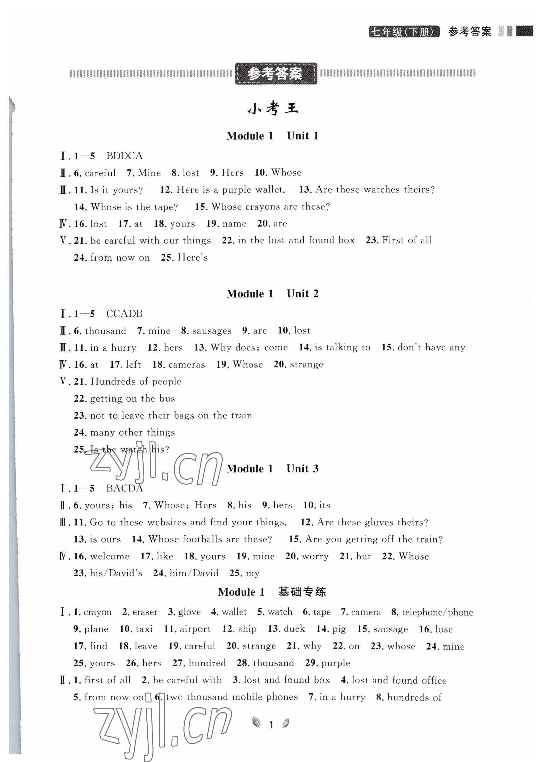 2023年點石成金金牌奪冠七年級英語下冊外研版大連專版 參考答案第1頁