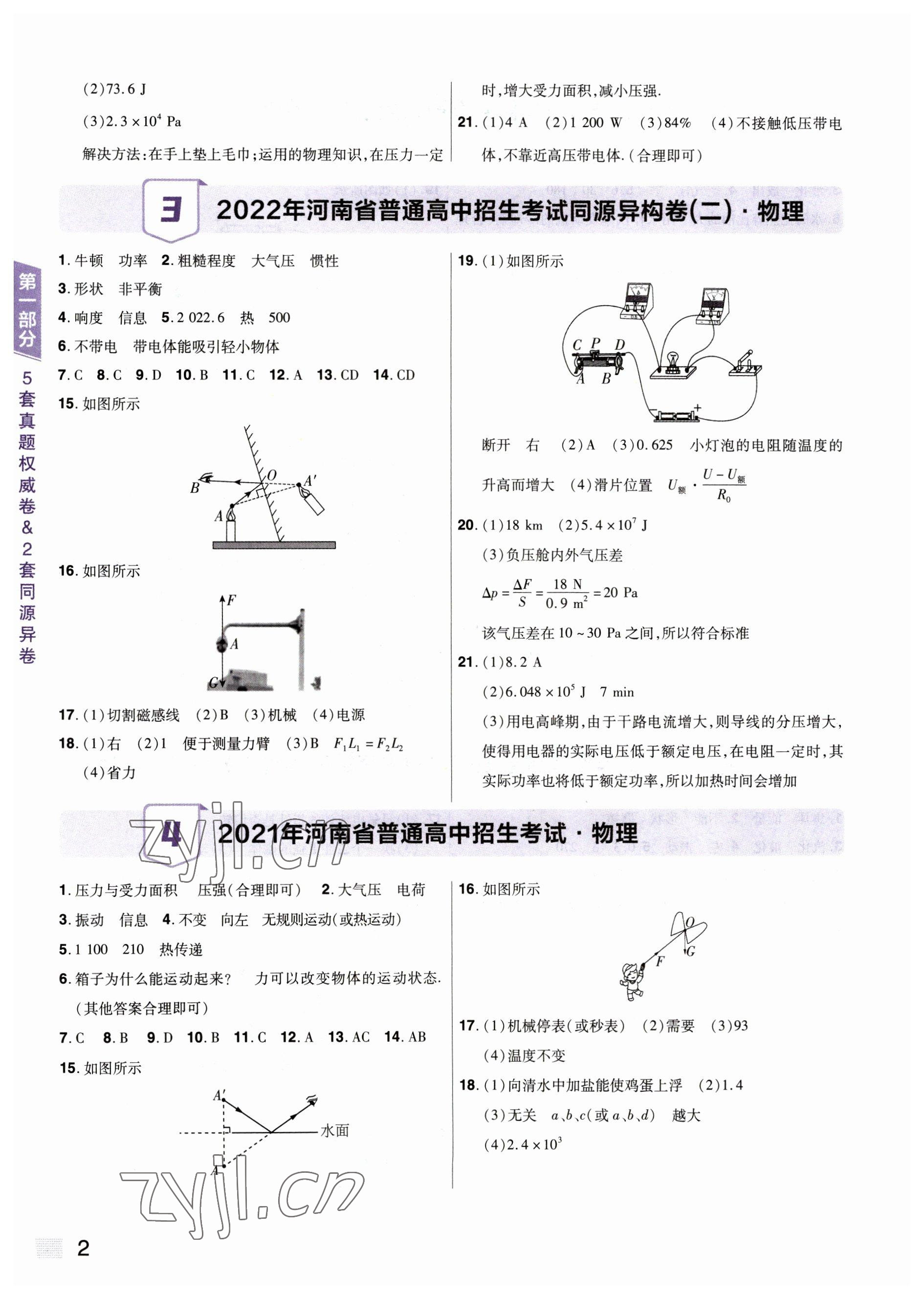 2023年中考提分特训物理河南专版 参考答案第2页