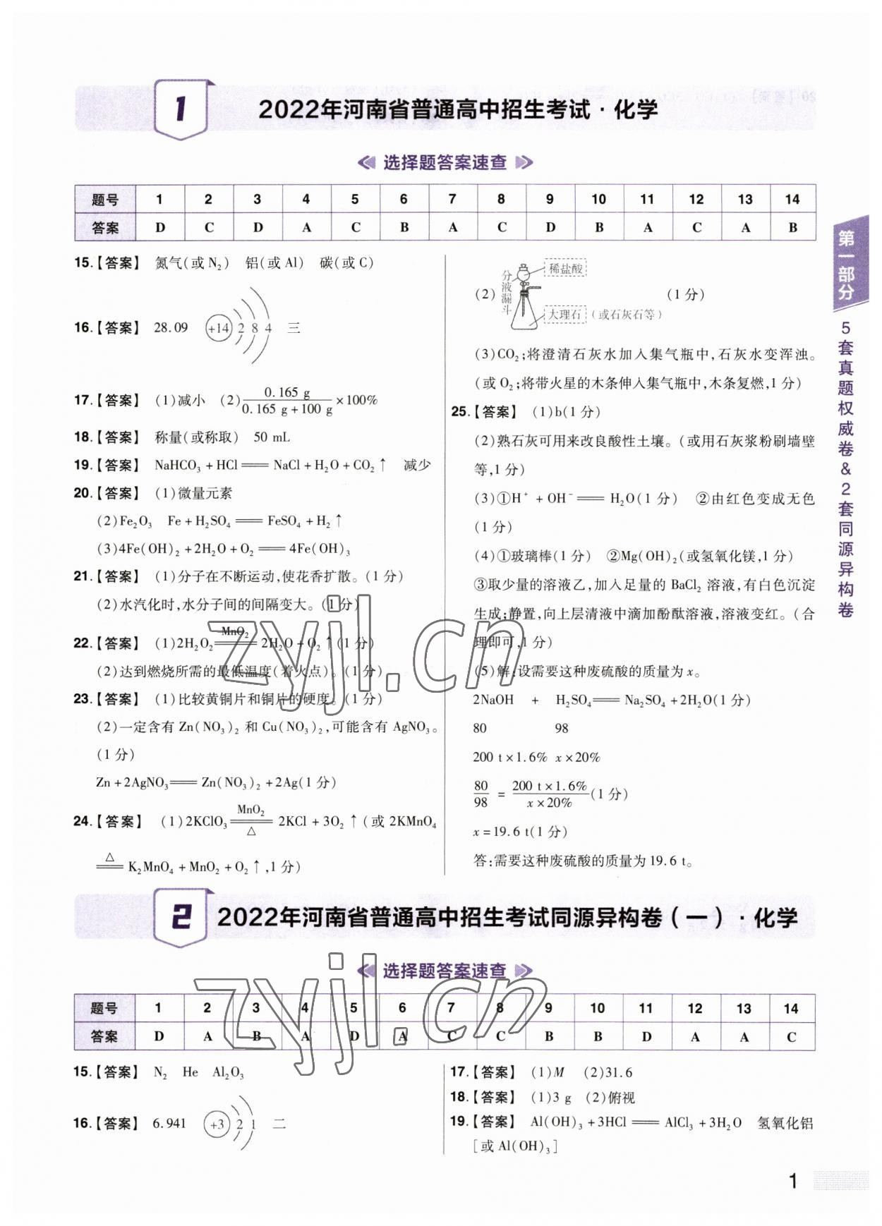 2023年中考提分特訓(xùn)化學(xué)河南專版 參考答案第1頁