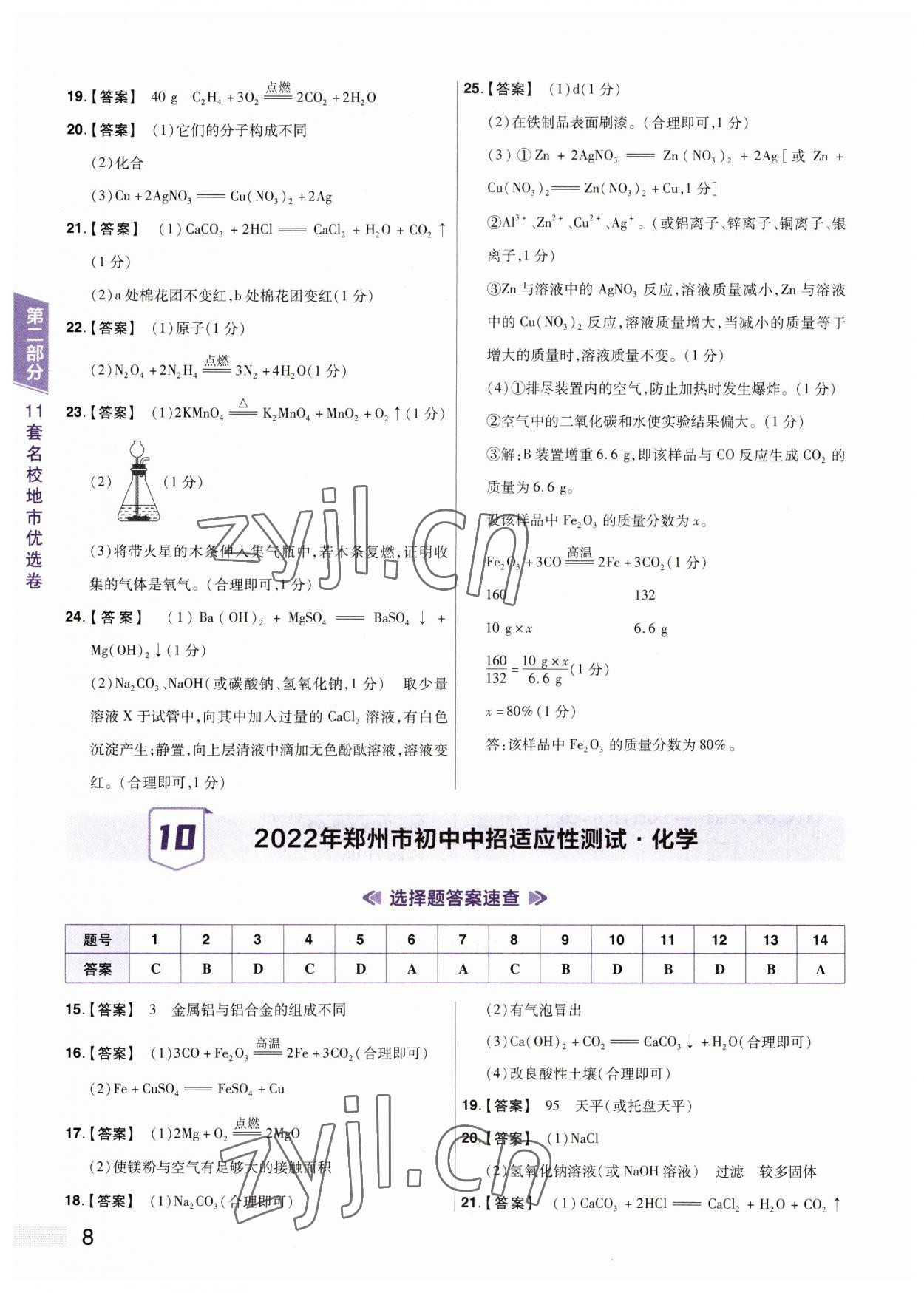 2023年中考提分特训化学河南专版&nbsp;参考答案第8页