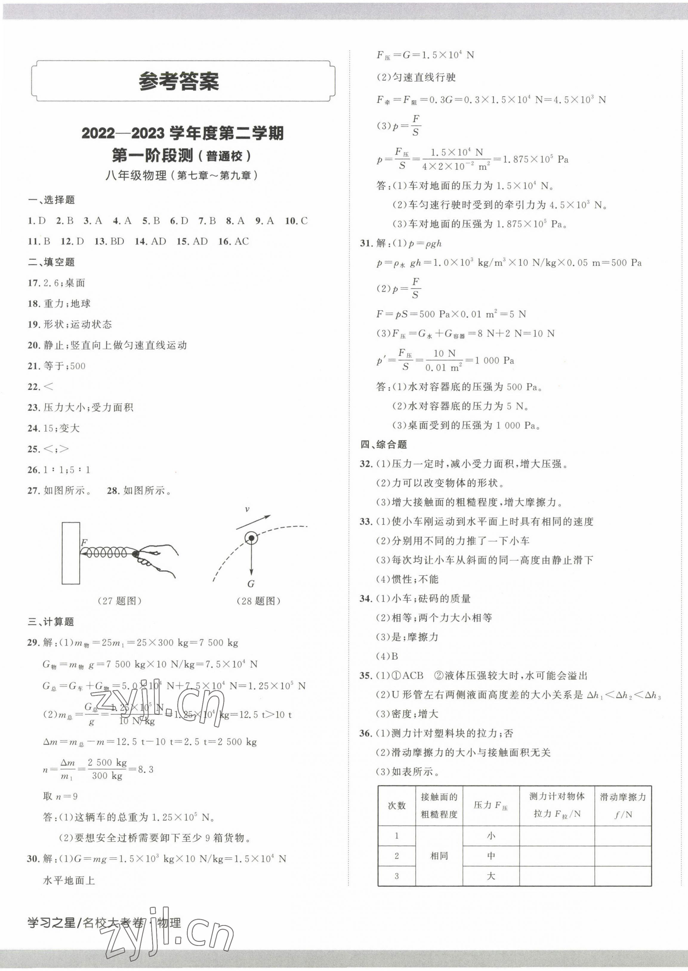 2023年名校大考卷八年級物理下冊人教版大連專版 參考答案第1頁