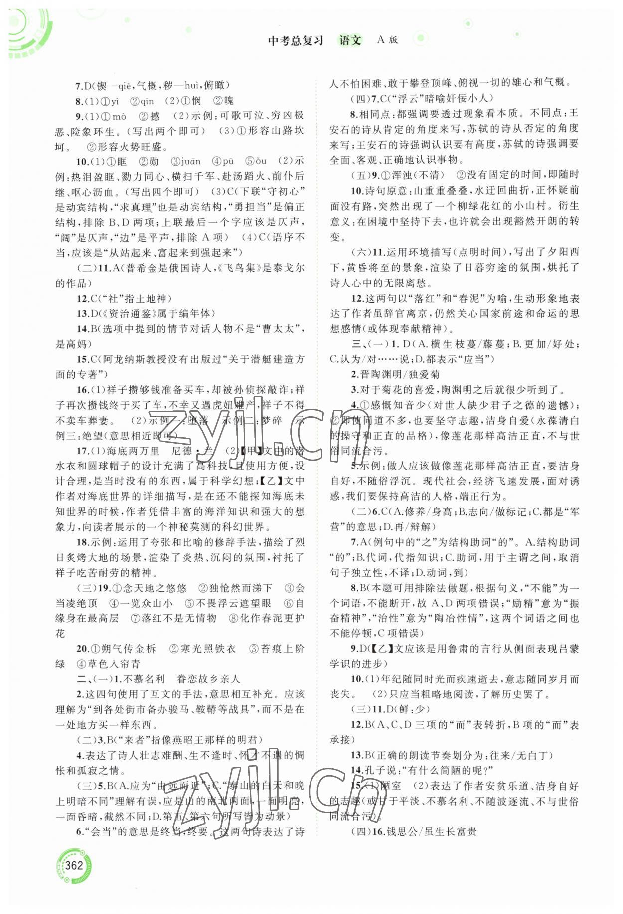 2023年中考先鋒中考總復習廣西師范大學出版社語文人教版 參考答案第3頁