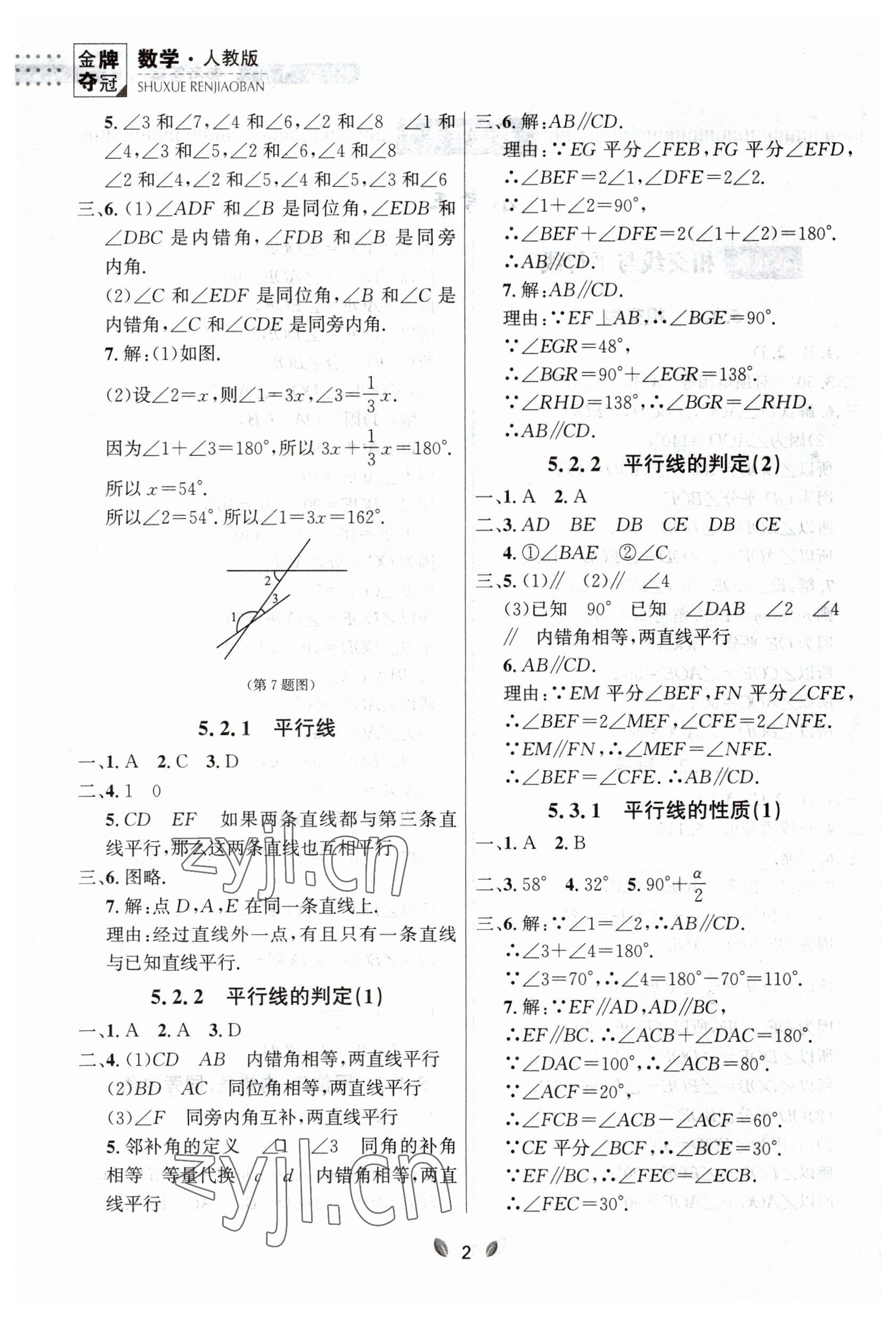 2023年点石成金金牌夺冠七年级数学下册人教版大连专版 参考答案第2页