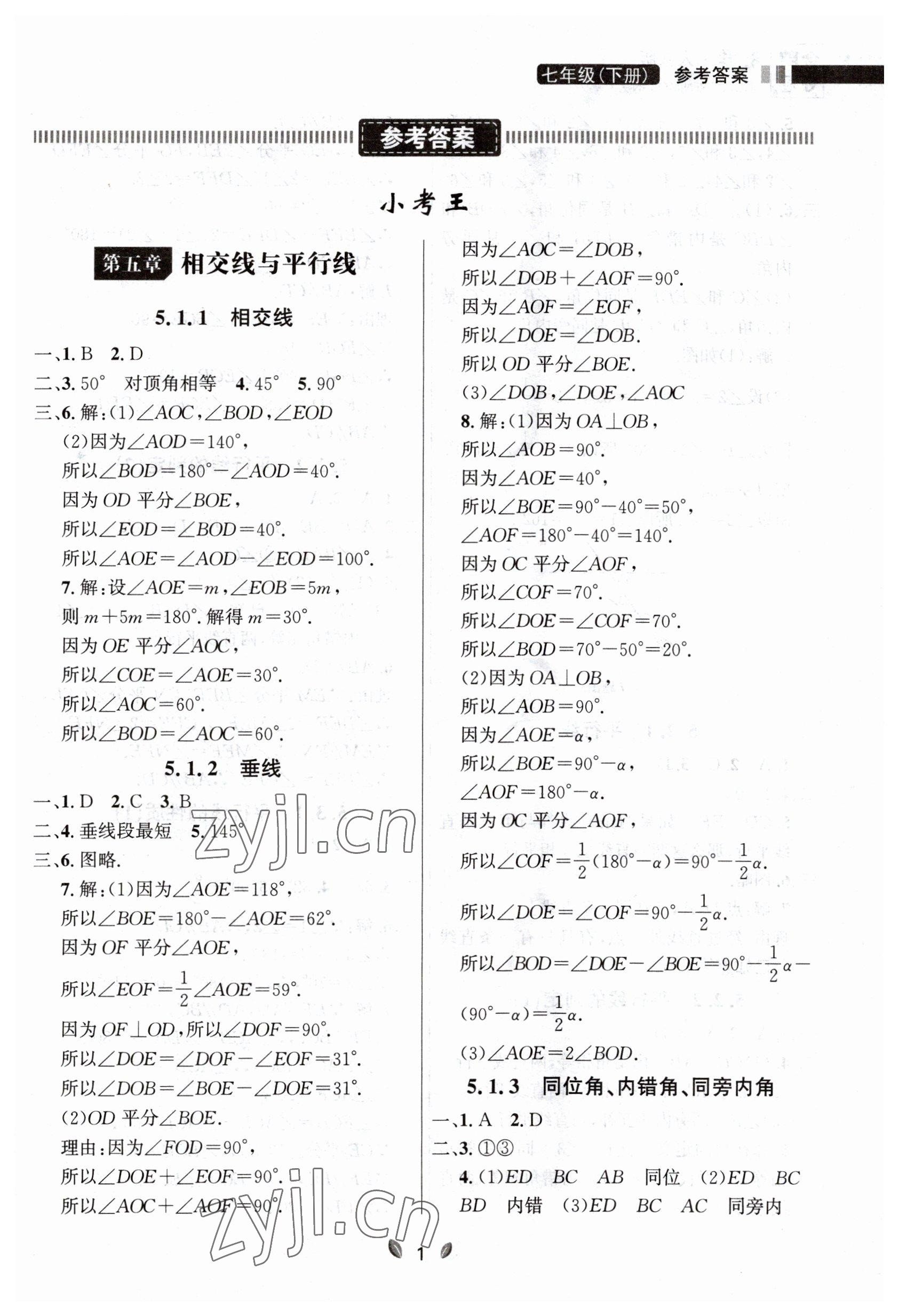 2023年点石成金金牌夺冠七年级数学下册人教版大连专版 参考答案第1页