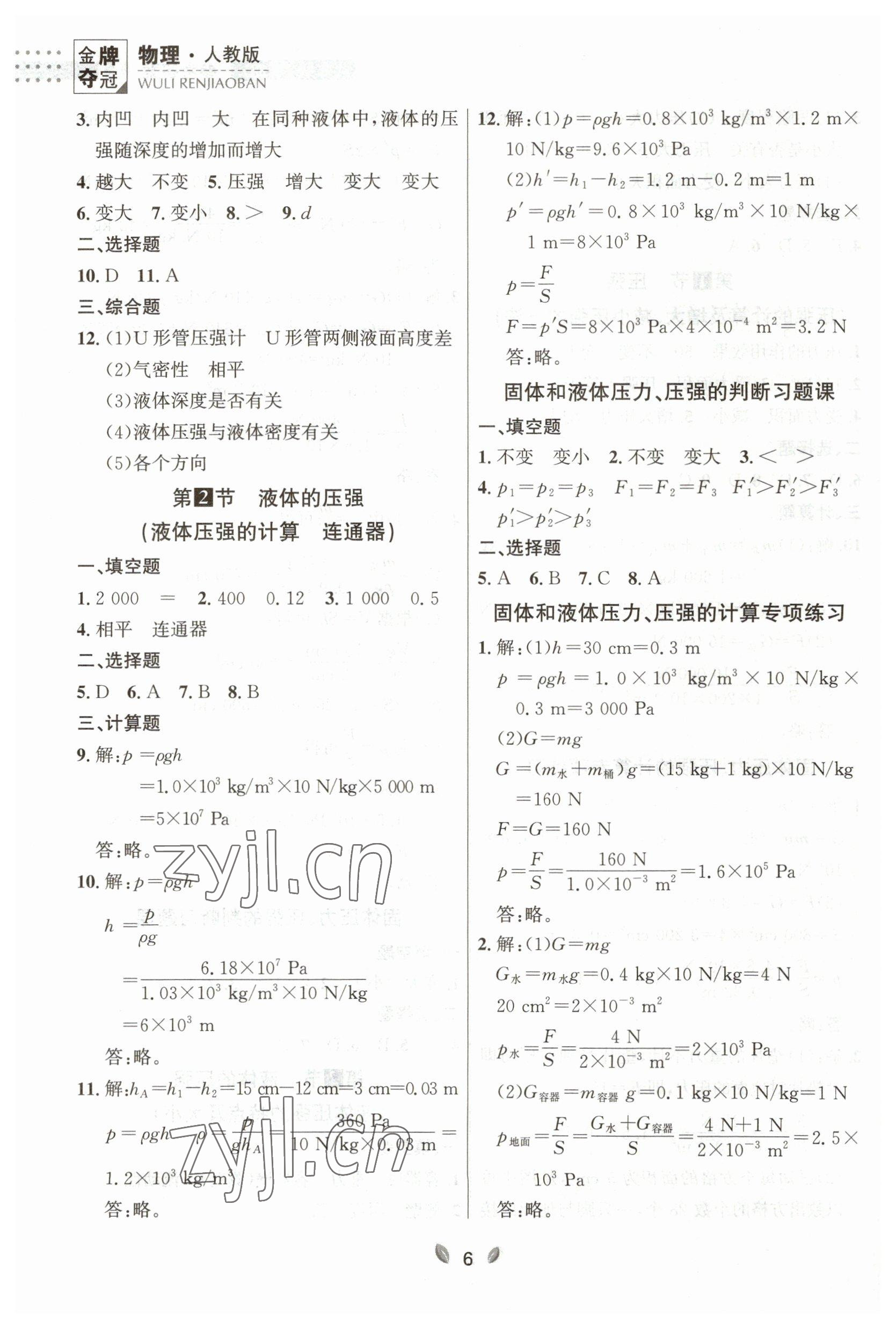 2023年点石成金金牌夺冠八年级物理下册人教版大连专版 参考答案第6页