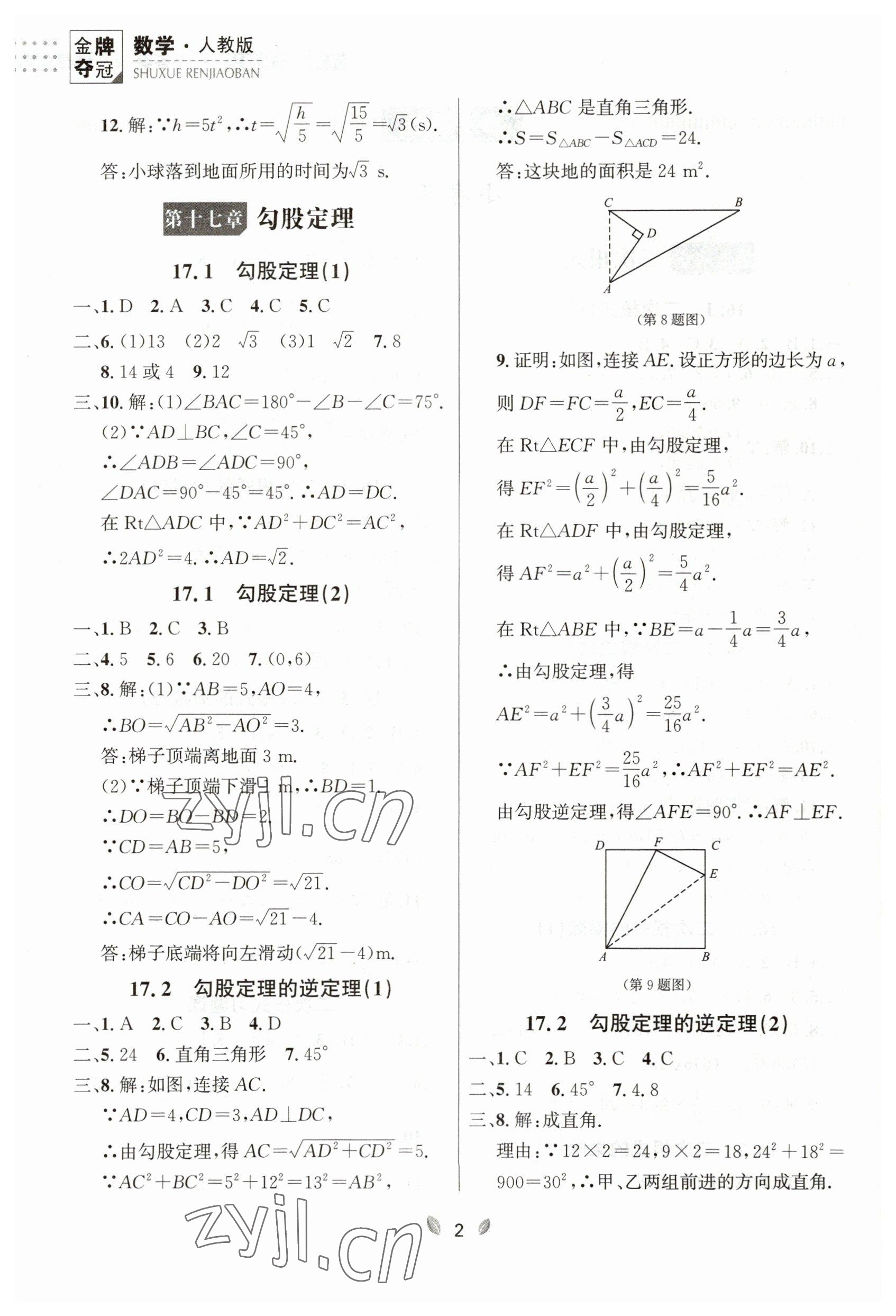 2023年點(diǎn)石成金金牌奪冠八年級(jí)數(shù)學(xué)下冊(cè)人教版大連專版 參考答案第2頁