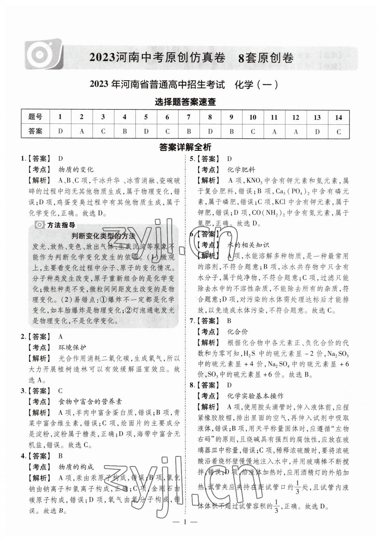 2023年原創(chuàng)仿真卷化學中考河南專版 參考答案第1頁